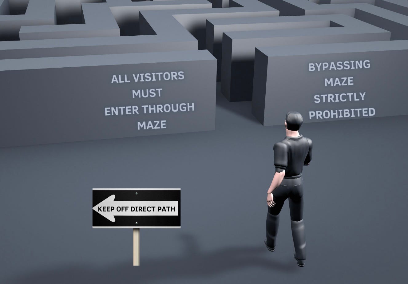 Man approach maze which has signs forbidding him to bypass it.