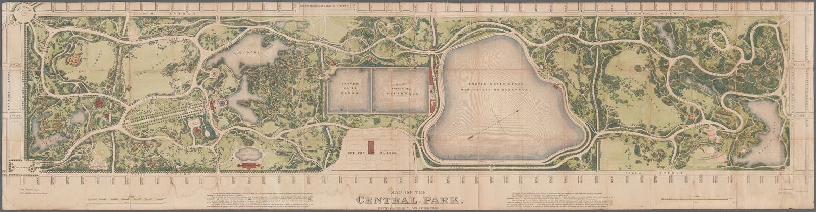A scan of a detailed map of Central Park in New York City. Roads, fields, lakes and trees are all here. At bottom, “Site for museum” indicates the future location of the Met.