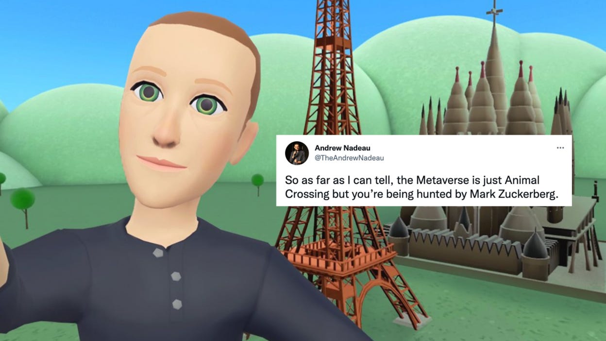 An avatar of Zuckerberg, with wide soulless green eyes and a charcoal 3/4 sleeve shirt, stares at you. Behind him is a rudimentary rendering of the Eiffel Tower and la Sagrada Familia church.