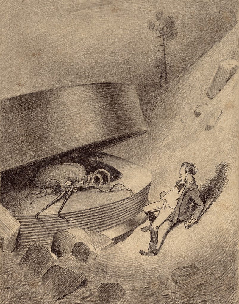 HENRIQUE ALVIM CORRÊA - Martian Emerges, from The War of the Worlds, Belgium edition, 1906 (illustration is featured in Book I- The Coming of the Martians, Chapter IV- "The Cylinder Opens,")