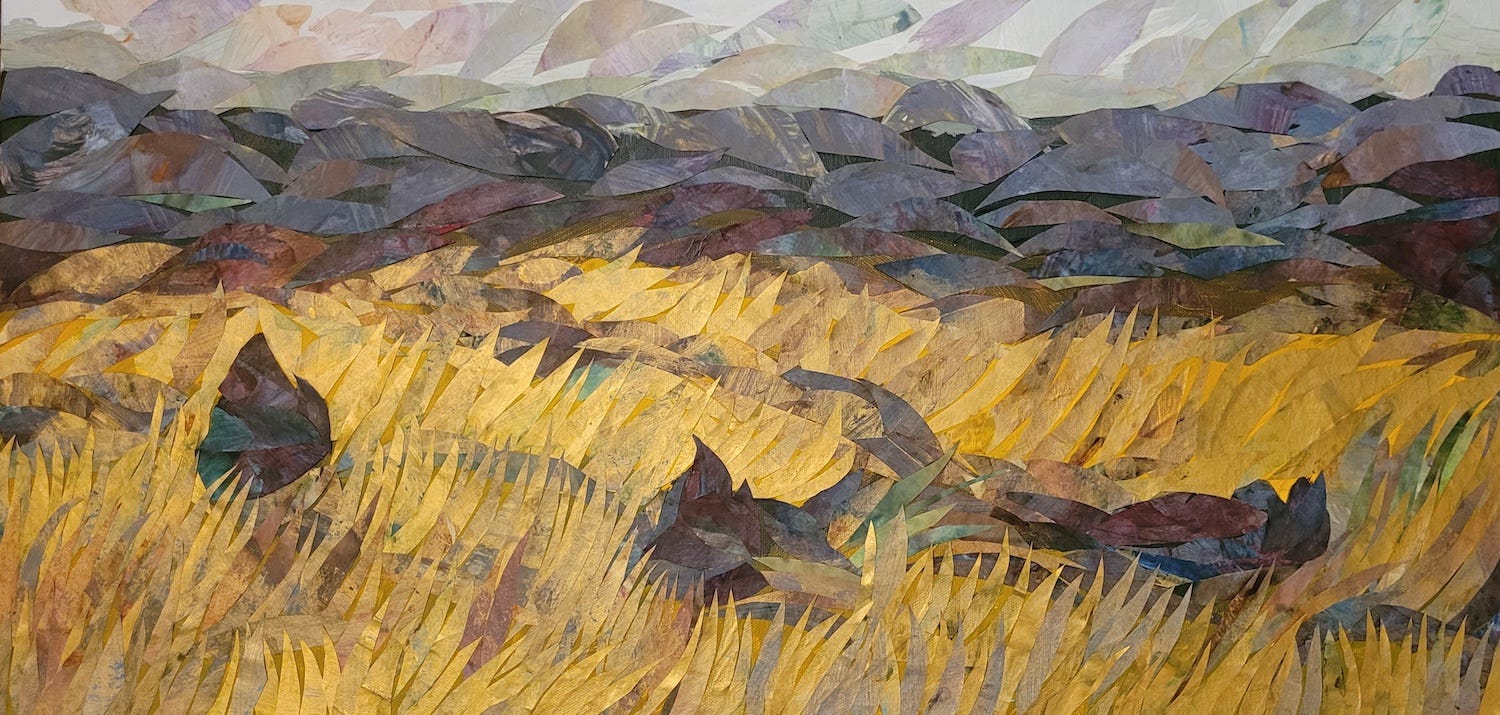 Collage by Edie Meade of a wheat field with cedars, done in purples and golds