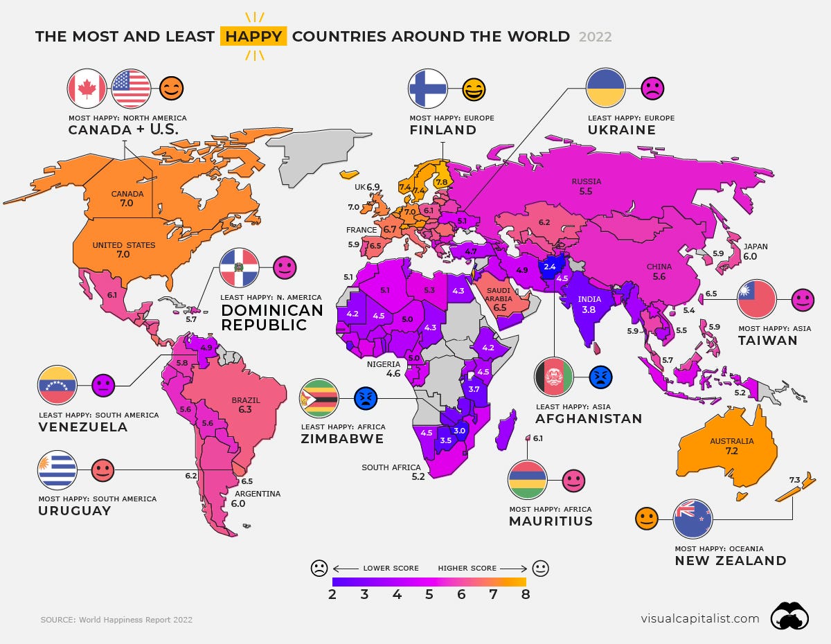 World Map Happiness Levels in 2022