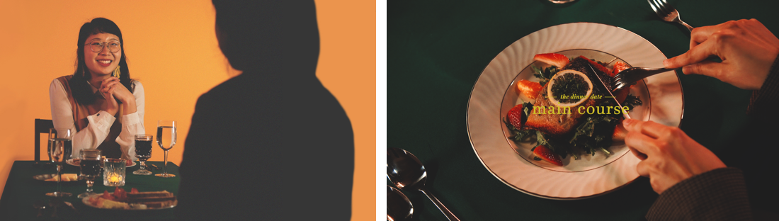 Two stills side by side. Left includes a dark figure sitting in front of Tiffany at a table with an orange background. The right shows a pair of hands cutting into a plate of food.