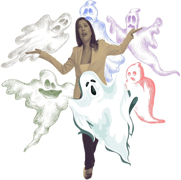 Frustrated business woman surrounded by ghosts