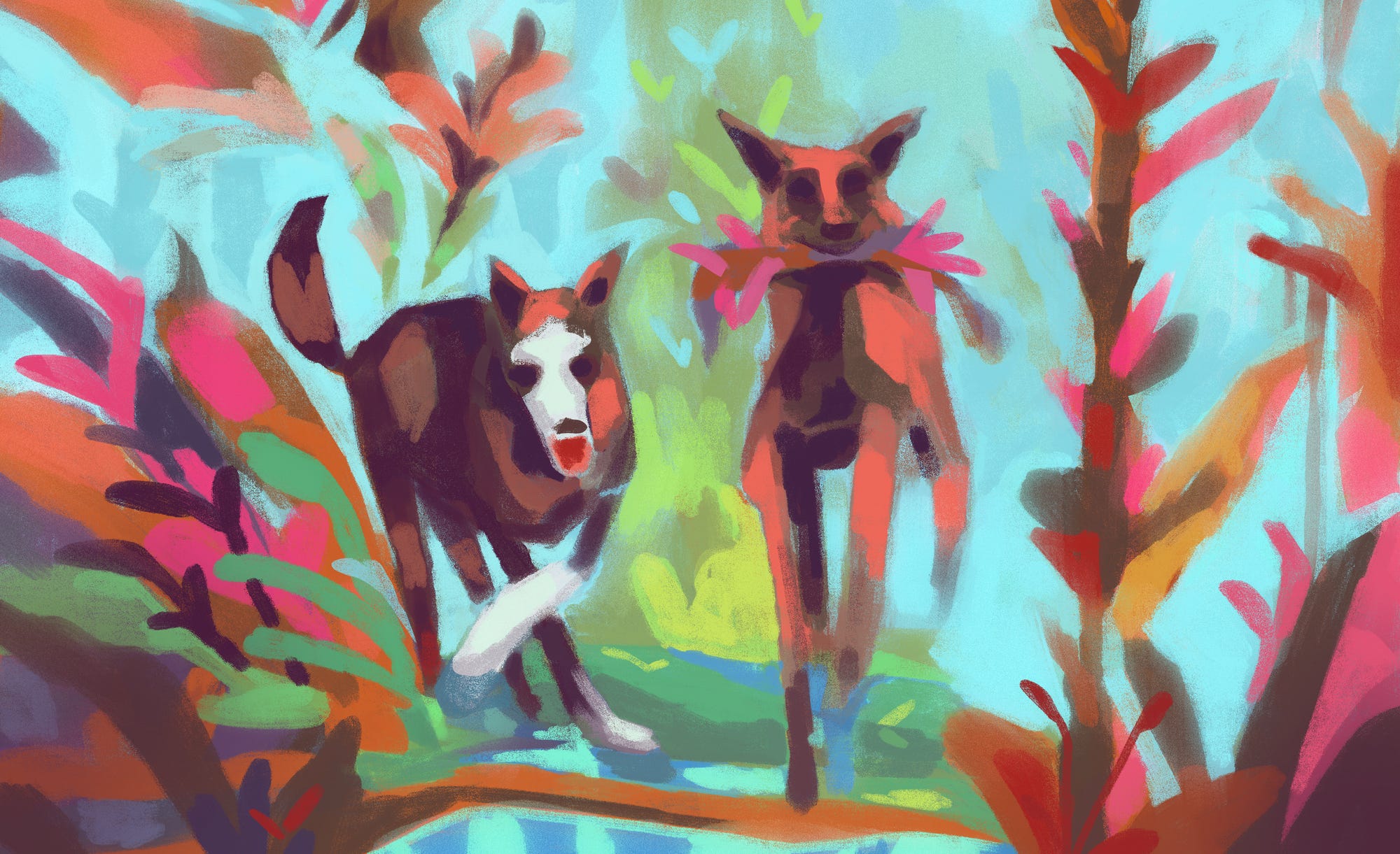 Illustrations of two spirit dogs in colorful abstract forest