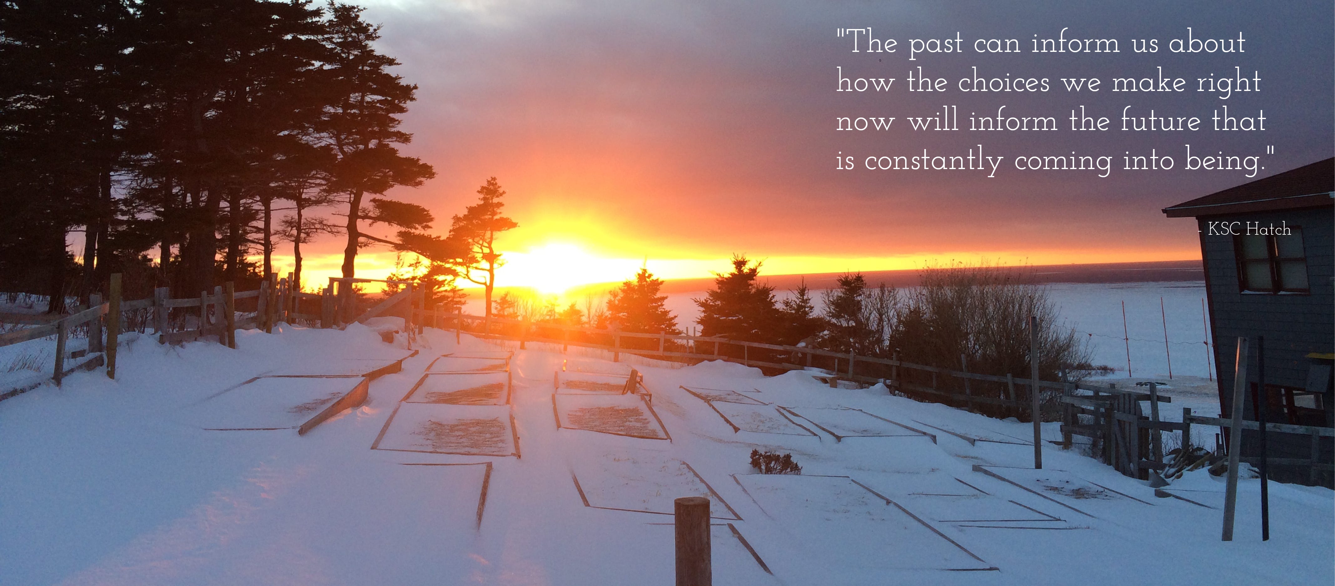 Photo of a setting sun on the horizon of a snowy landscape. Snow-covered garden beds lay on the ground, a cluster of shadowed trees to the left, the glowing orange/yellow of the sun in the middle of the image. To the right, in the upper corner, is text that reads: The past can inform us about how the choices we make right now will inform the future that is constantly coming into being. 