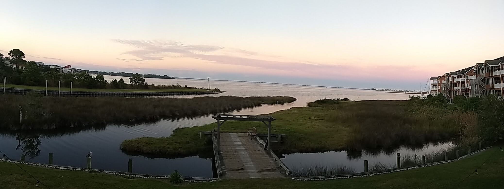 A panoramic photo overlooking the water from Manteo, Roanoke island, NC.