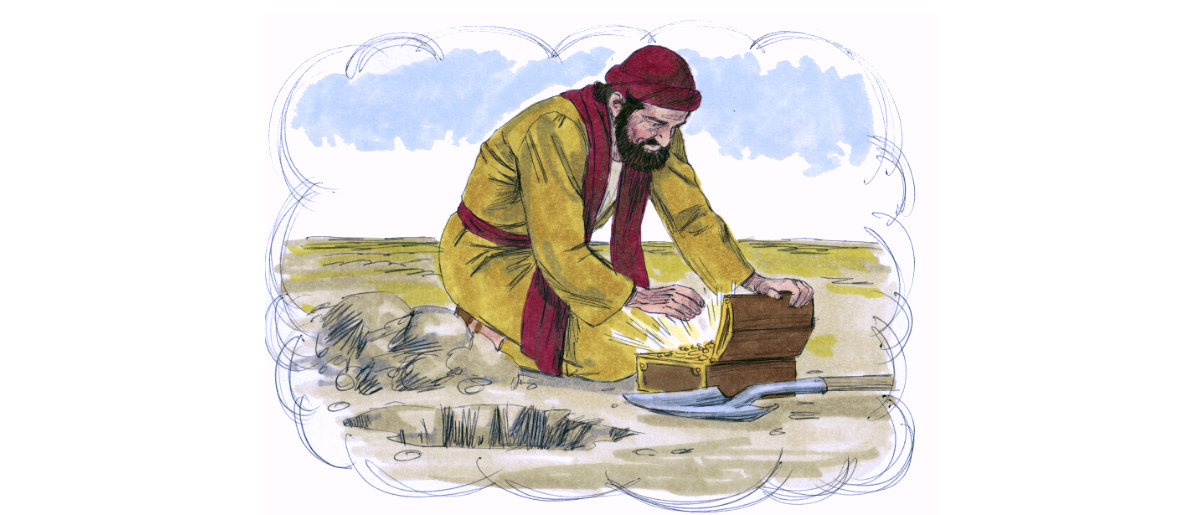 Illustration of Biblical man digging up treasure chest