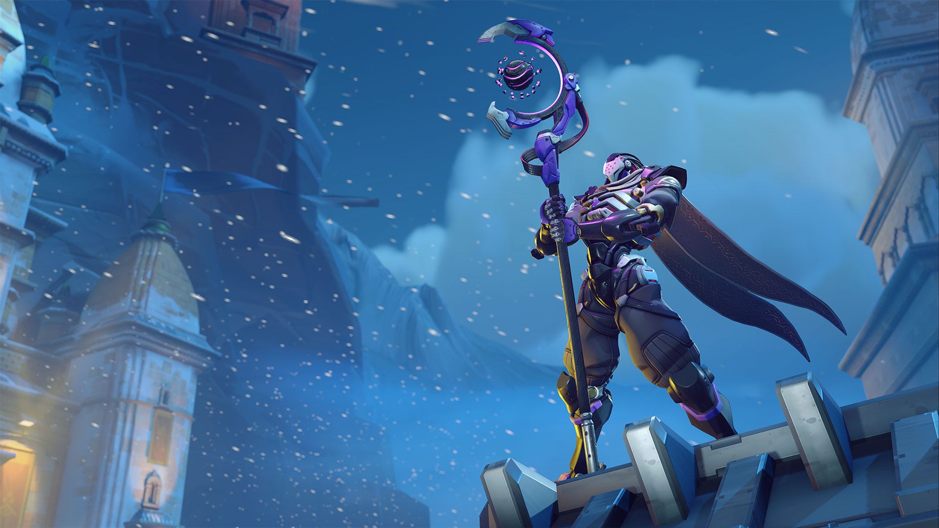 Ramattra from Overwatch 2 posing with his staff in the snow