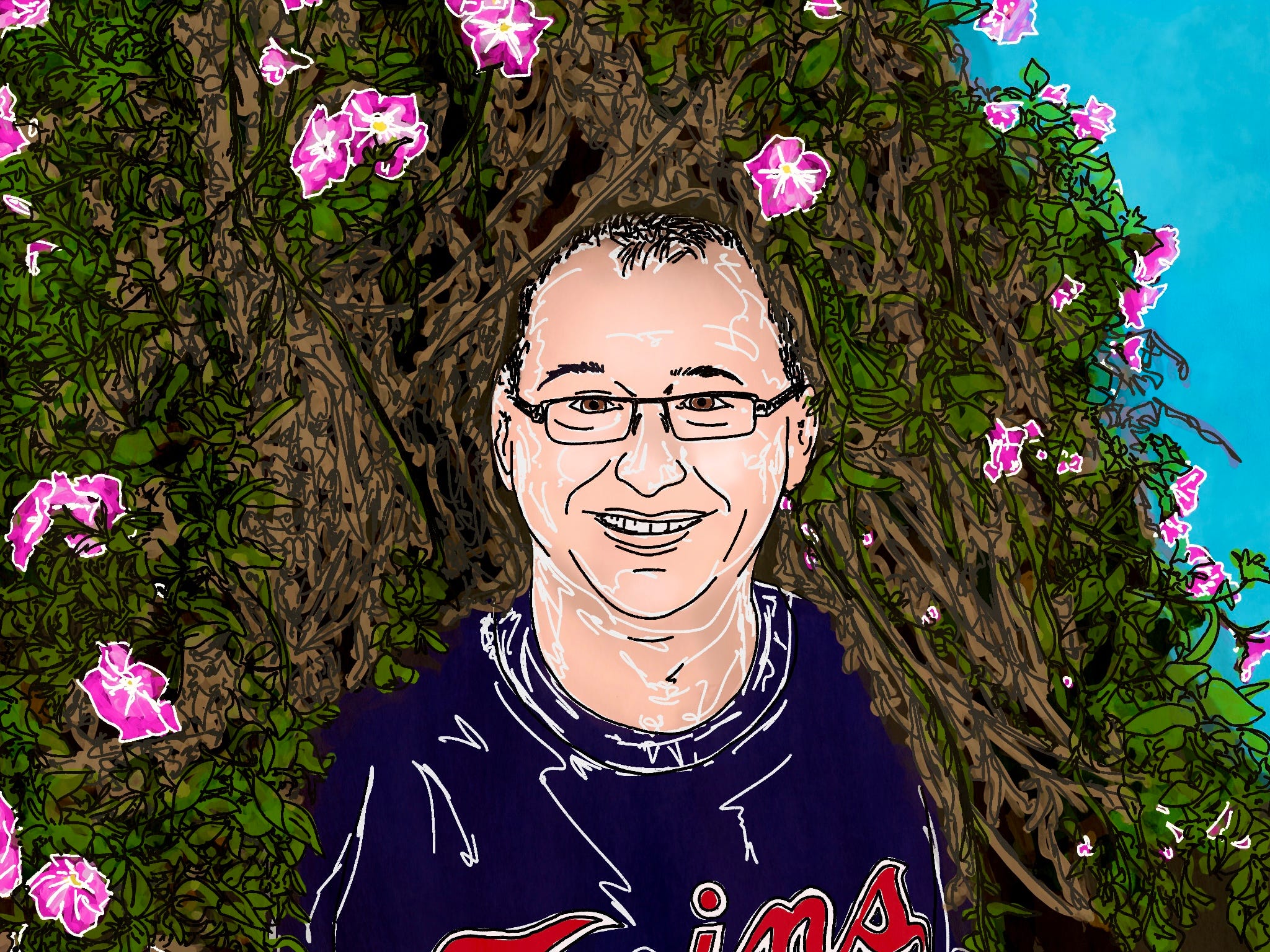 An digital illustrated portrait I made of my dad from a photo of him standing in a vine-covered hut full of pink flowers set against a brilliant sky blue. My dad is wearing a Twins baseball jersey and black glasses.