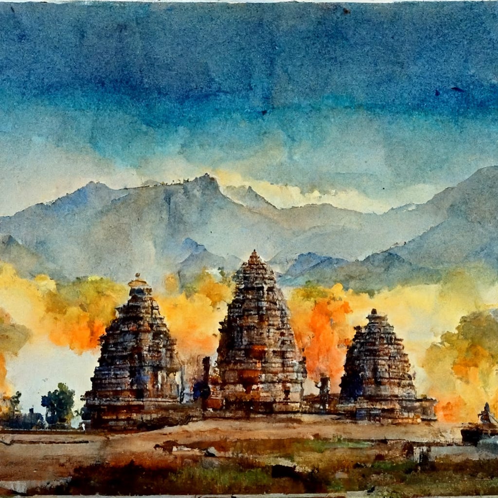 Group of ancient Hindu Temples ruined. Set against a vast landscape of plains and mountains. Watercolour painting. Bring out vivid details of the landscape.