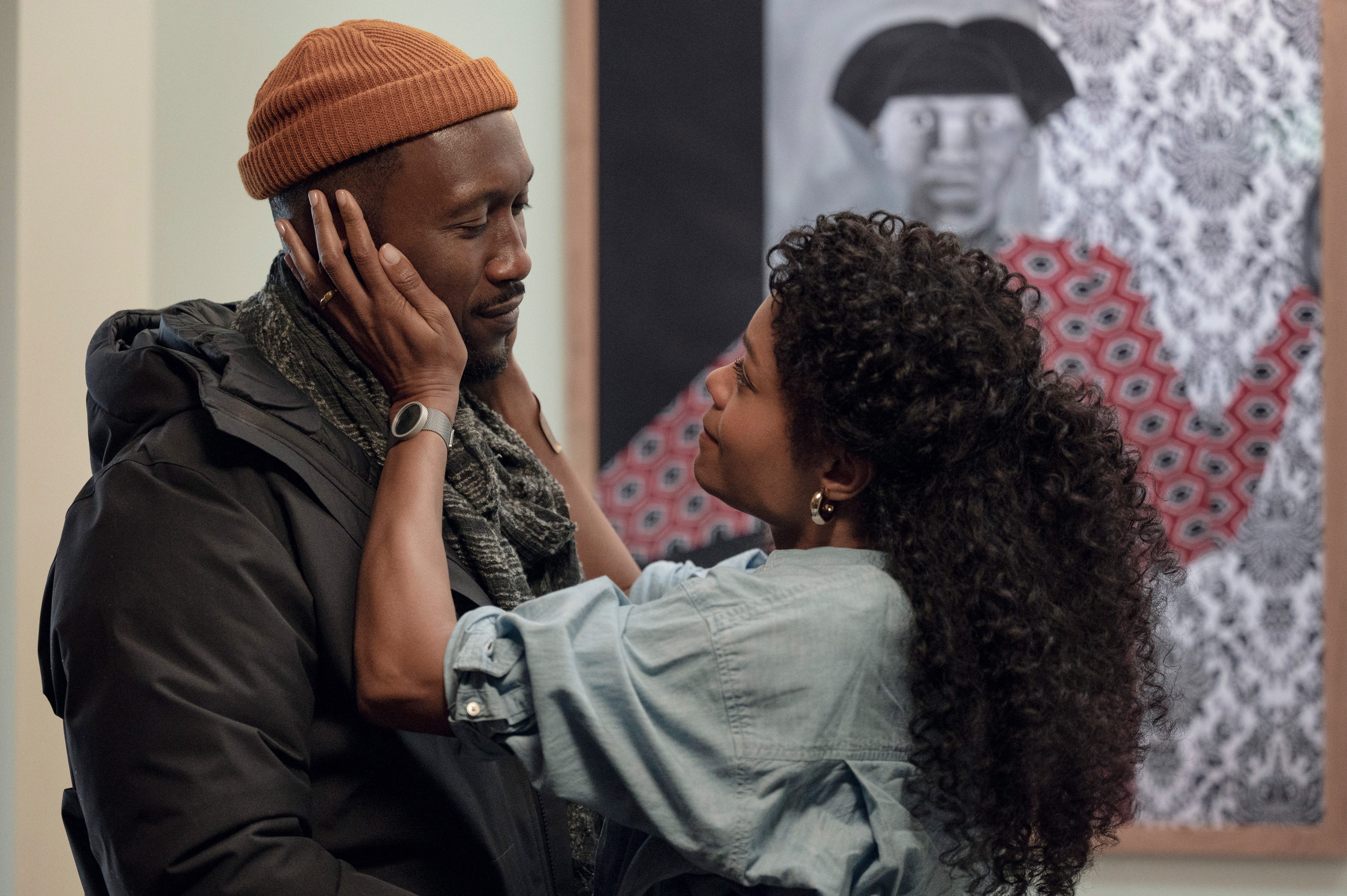 actors Mahershala make loving eye contact with Naomie Harris as Cameron and Poppy Turner in "Swan Song." 