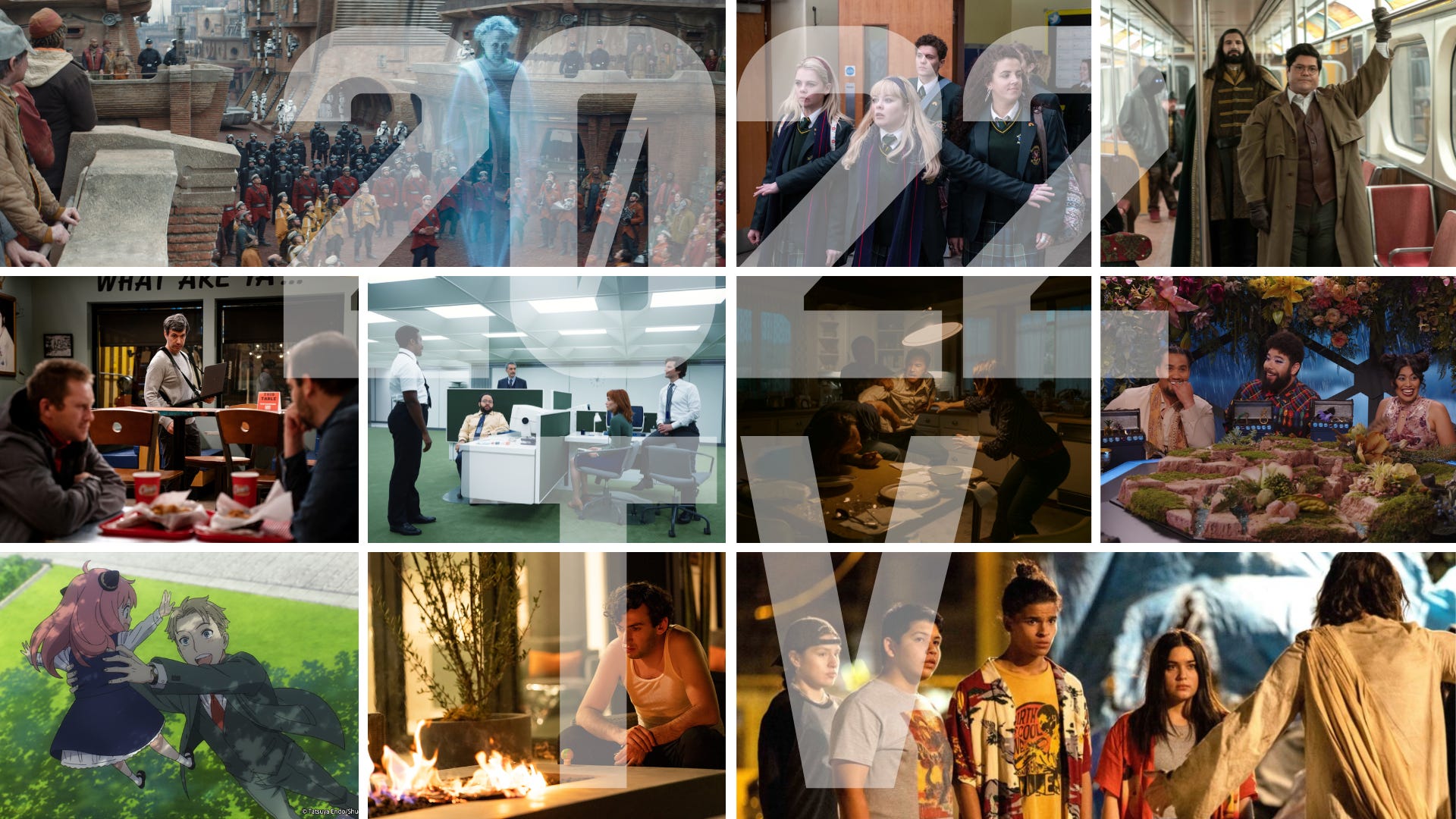 A collage of screenshot from the below TV shows, with superimposed semi-transparent text that says "2022 TV"