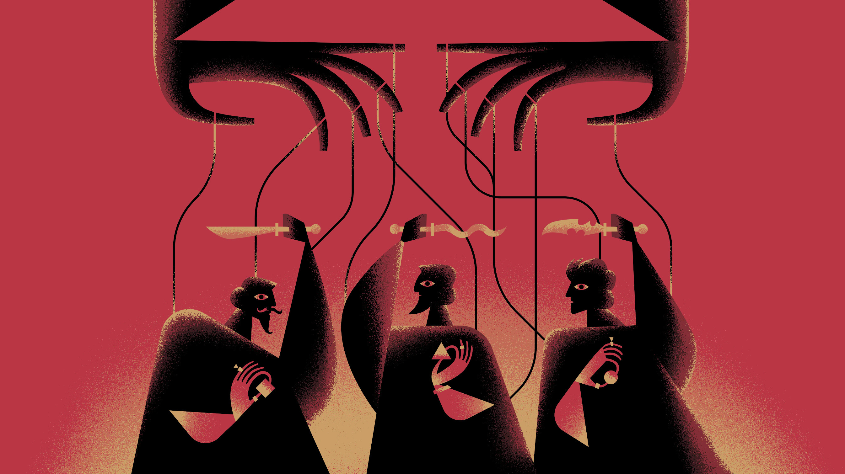 A smaller version of The Slow Knife cover art. Three silhouetted figures carouse around a table while above, a pair of looming hands hold menacing strings tied to the trio below.