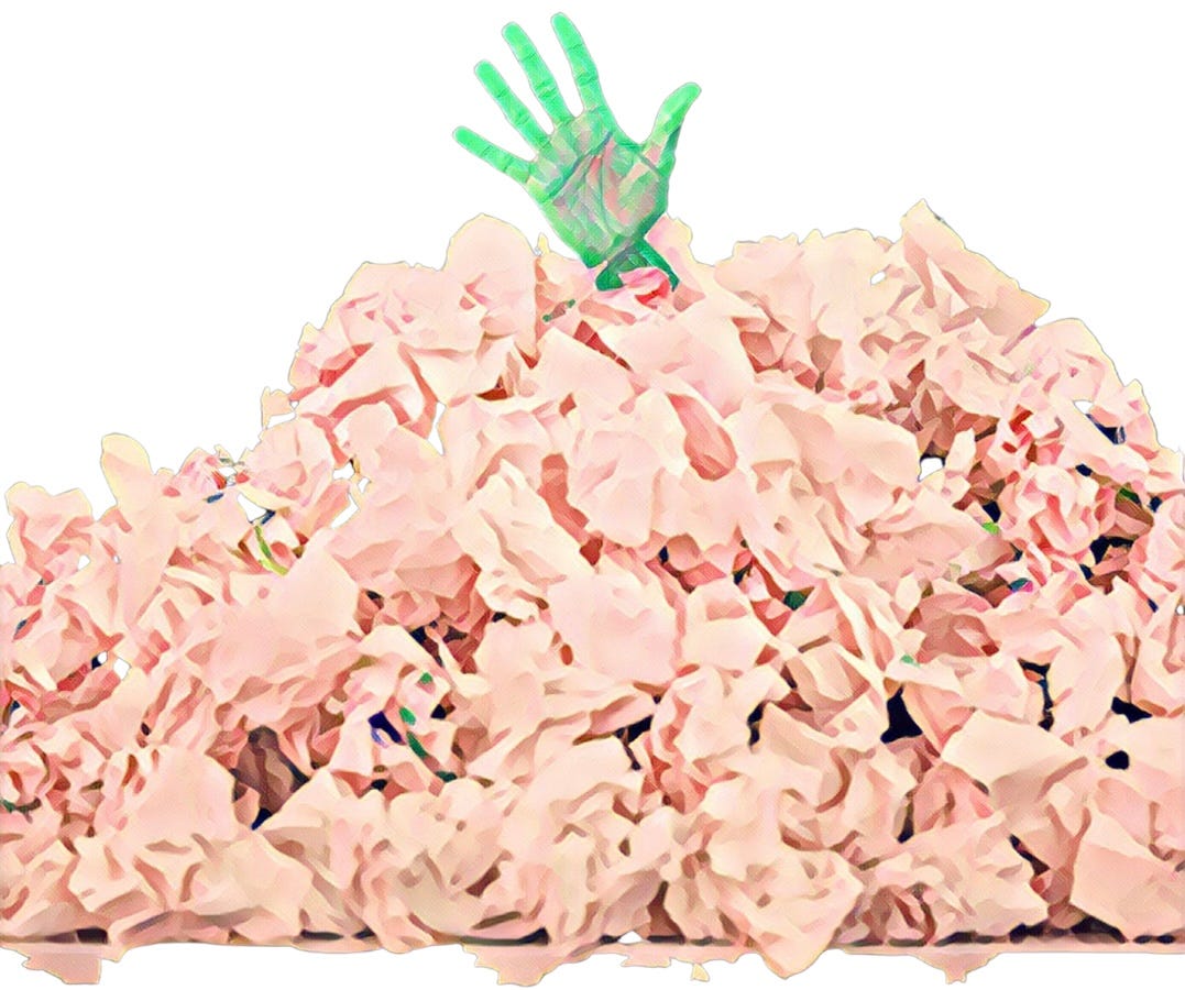 Green hand sticking out of pile of pink paper