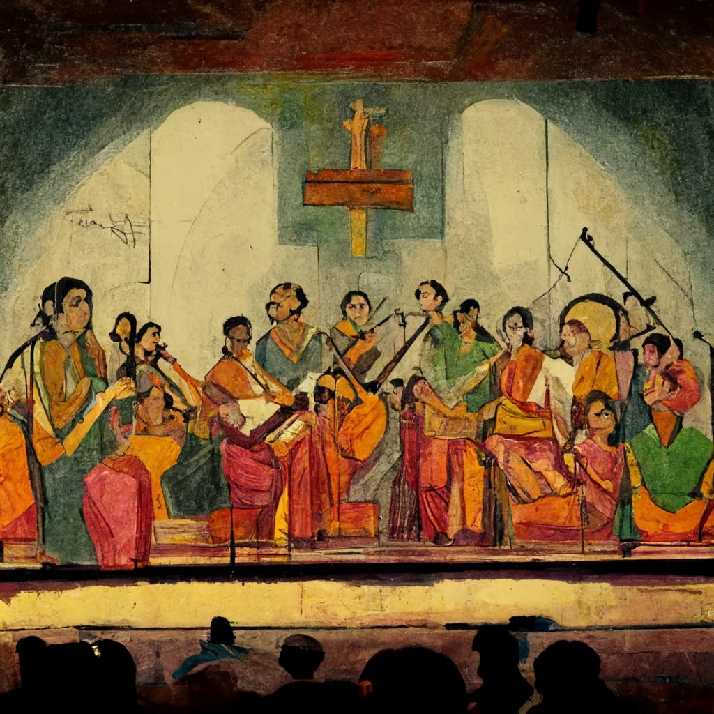 Carnatic classical music concert. Singers seated on the stage singing. In the background there is a HUGE Christian cross and wall painting of Jesus Christ . Colour sketch.