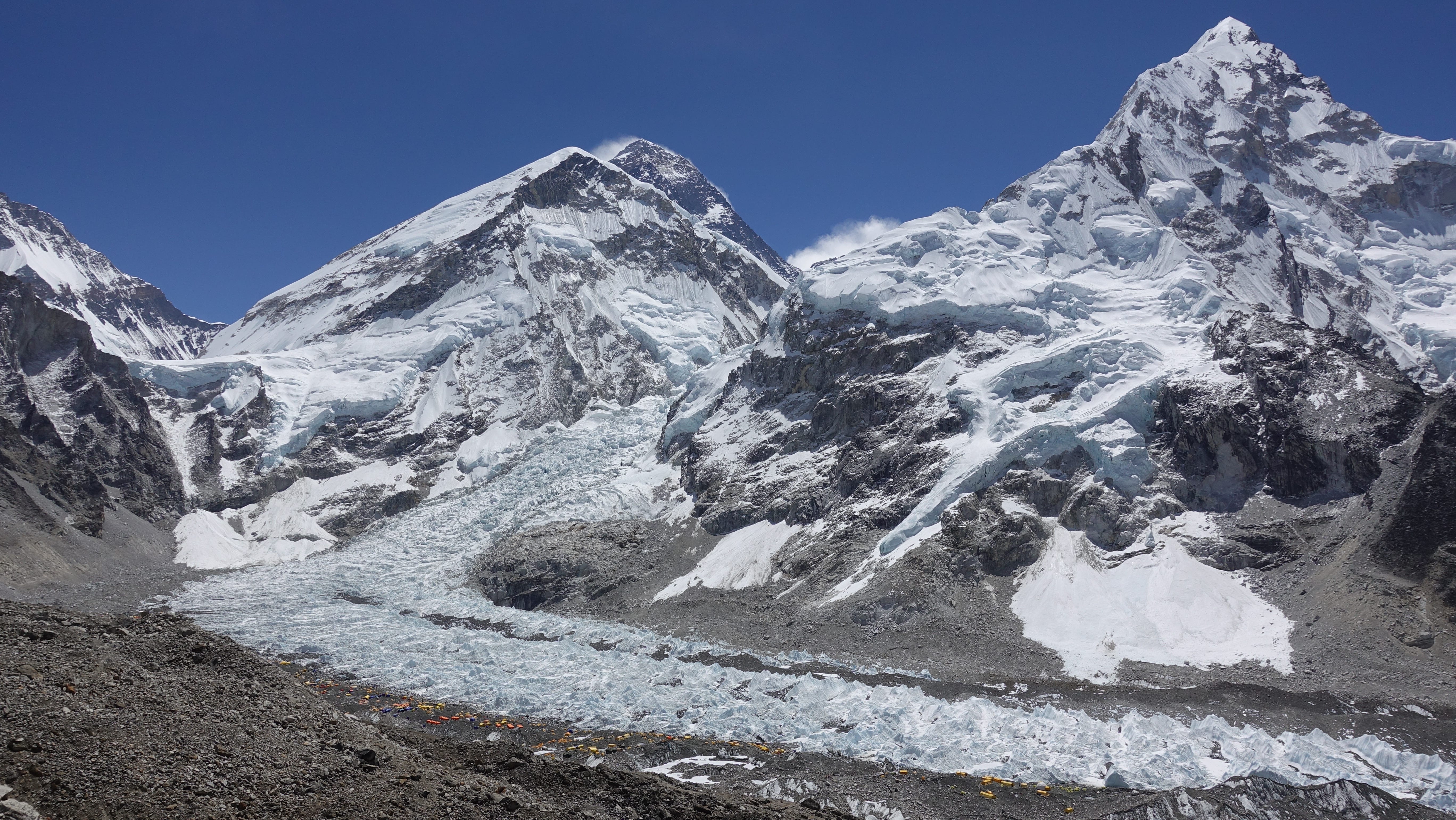 Looking across Everest base camp (lower left) up toward Mount Everest 