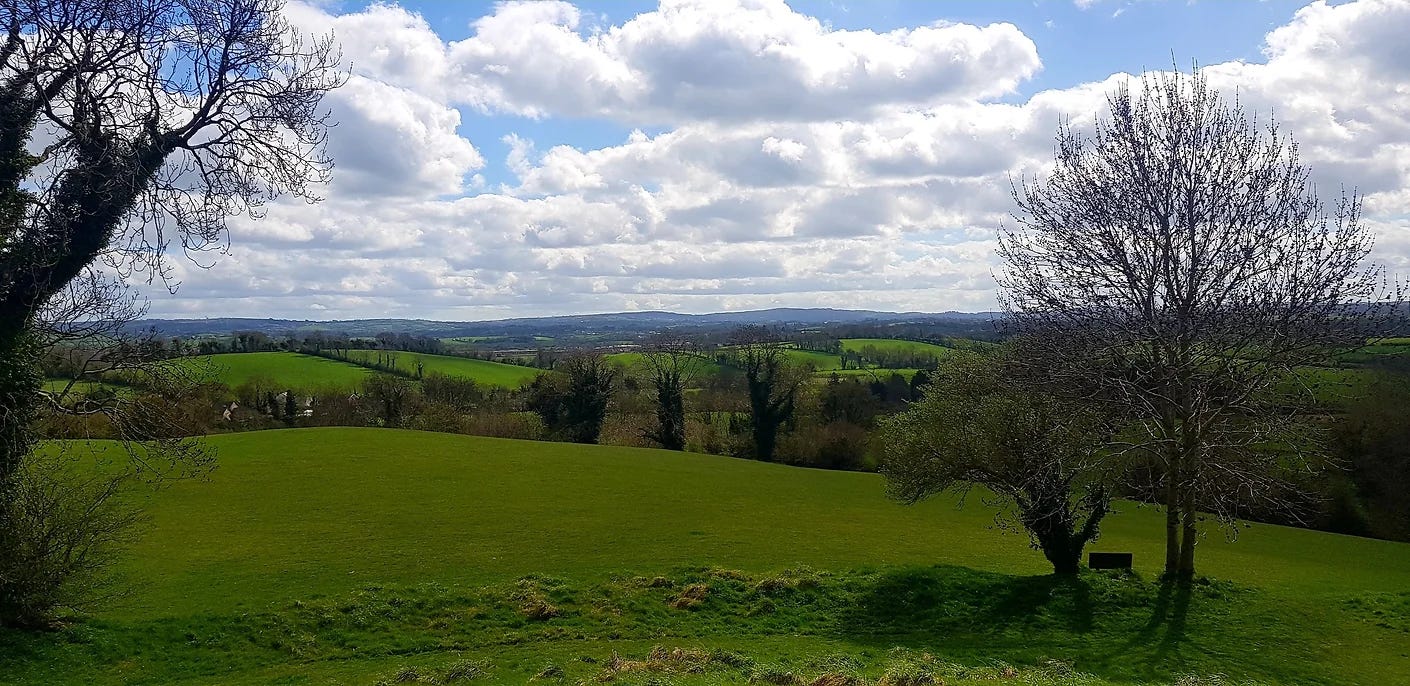 A view od the landscape of Ulster from the top of mound 2 showing undulating green fields sectioned by hedges, lots of trees and bushes scattered, distant blue hills, set against a cloud-studded blue sky