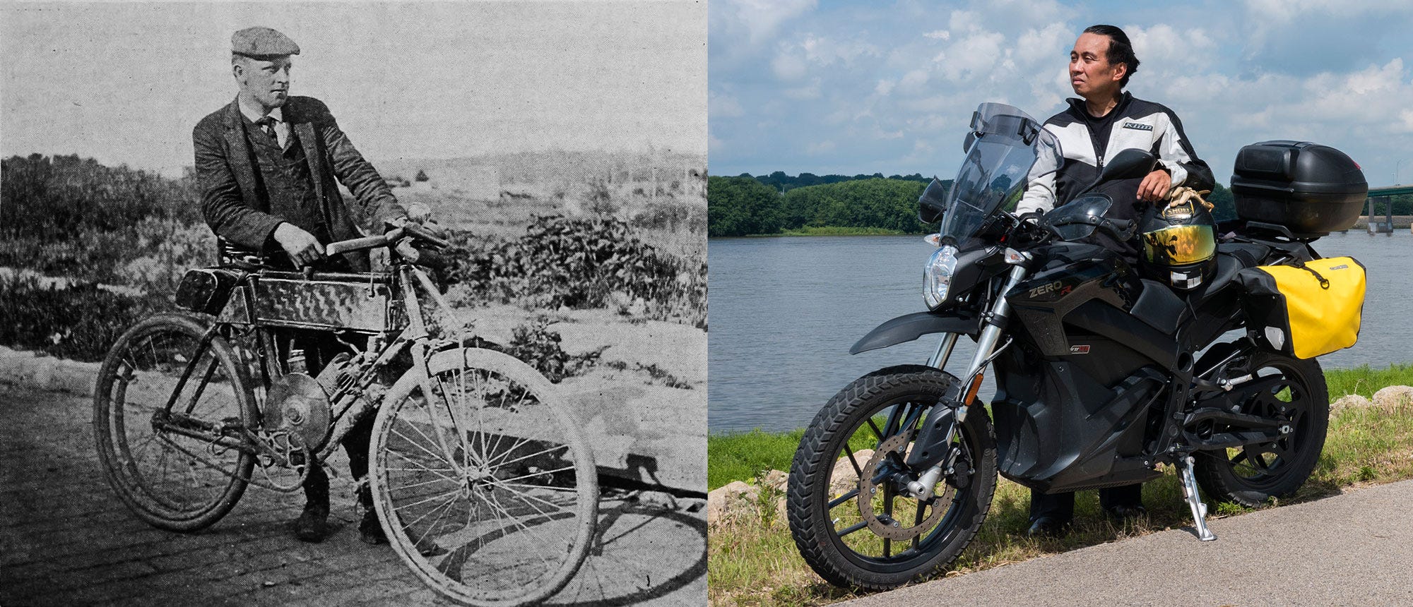 Two photos. On the left, a black and white photo from 1903 of George A Wyman and his California motor bicycle. The motor bicycle is pointed to the lower right. Wyman stands to the left of the bike, his left hand holding the left handlebar and his right forearm resting on the seat. He is dressed in a jacket, vest, tie, and cap and looking intently into the distance. His motor bicycle looks like a bicycle with a motor attached to it; there are still pedals and a crank and chain to start the bike. A small motor has been placed just above the pedals, and above that is a hand hammered fuel tank. The second photo is on the right and a mirror image of the first, but it is a man with a modern, electric motorcycle. He is striking a similar pose to the first photo. The second photo is color. The motorcycle has yellow saddlebags and a topcase. The man is wearing modern motorcycle safety gear, including a full face helmet with that is place on the seat. The man's forearm is resting on top of the helmet.