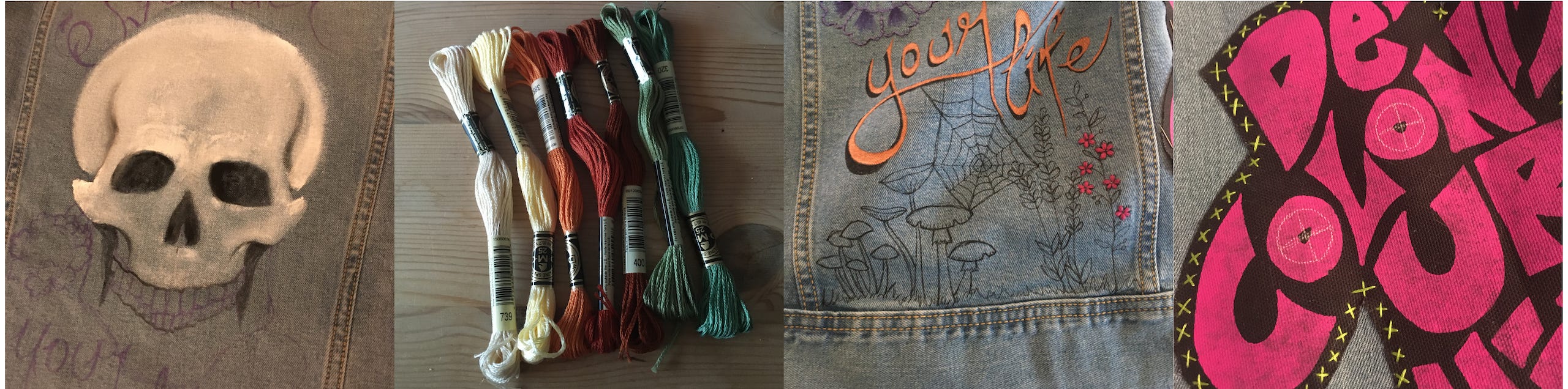 A spread of four square images. On the far left is a partially painted skull on a denim vest. The next image over is of a selection of earth-tine embroidery threads. The photo next to that is of a sketched out scene of mushrooms, flowers, and a spiderweb on the bottom of a denim vest, awaiting embroidery. The far right image is a close up of a patch with bright pink text on a black background. The edges of the patch are stitched with little green embroidery Xs. The text showing most predominantly reads: De Colonize Ur... The O's in 'Colonize' have little white circles sketched on them in preparation for embroidery flowers. 