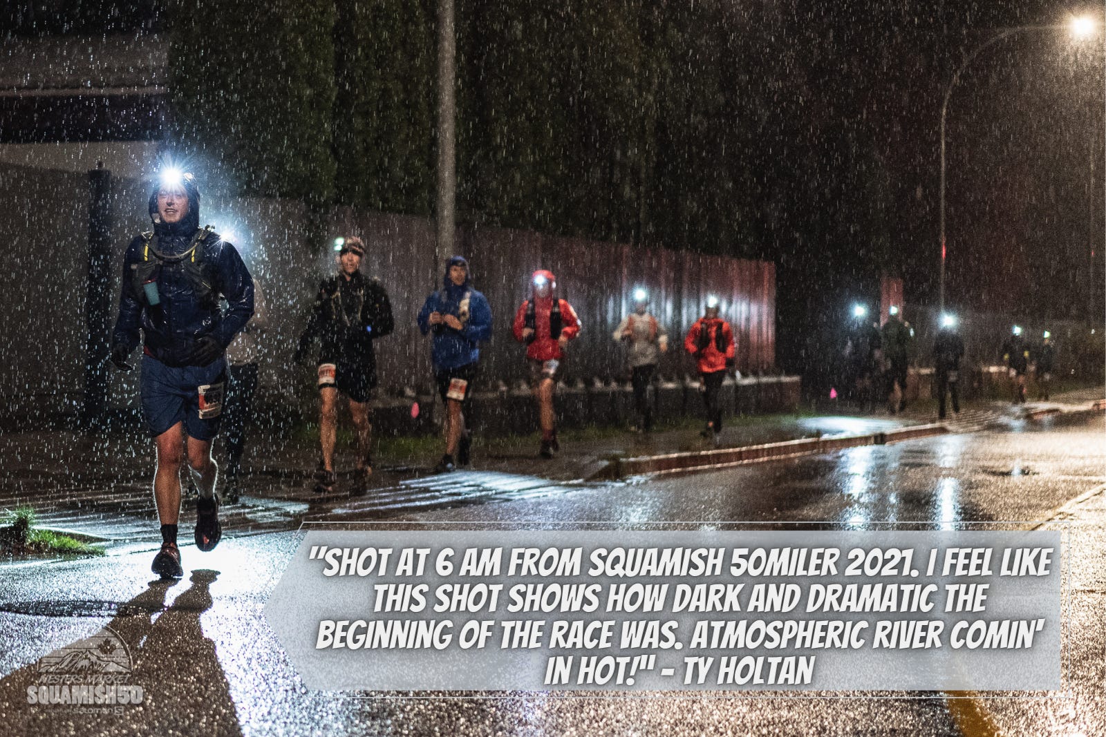 Photographer Ty Holtan catches runners running wth headlamps through torrential rain in the Squamish 50 ultra trail race