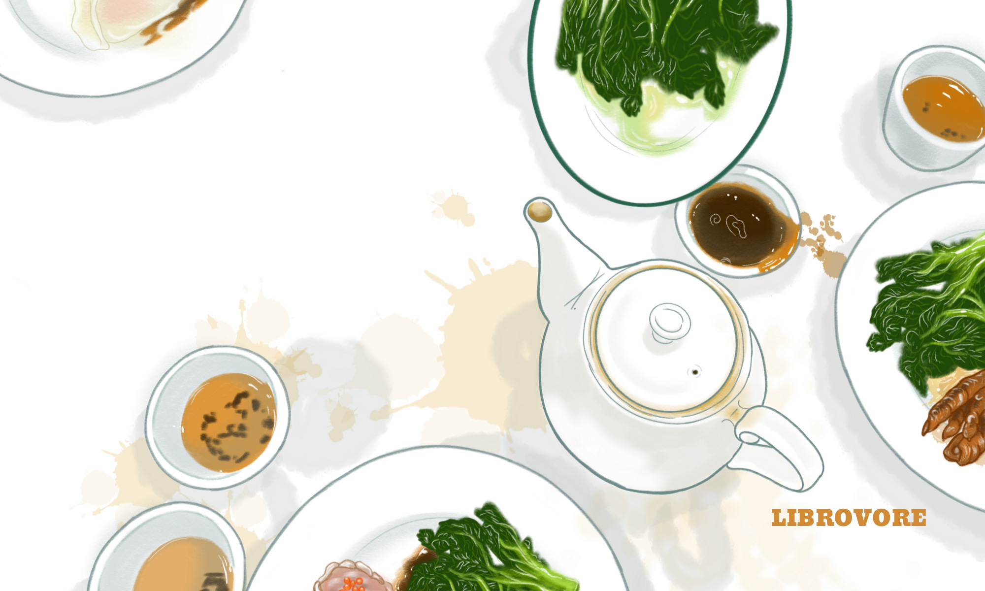 illustration of dim sum plates, tea cups, and a white ceramic tea pot; tea stains on white table