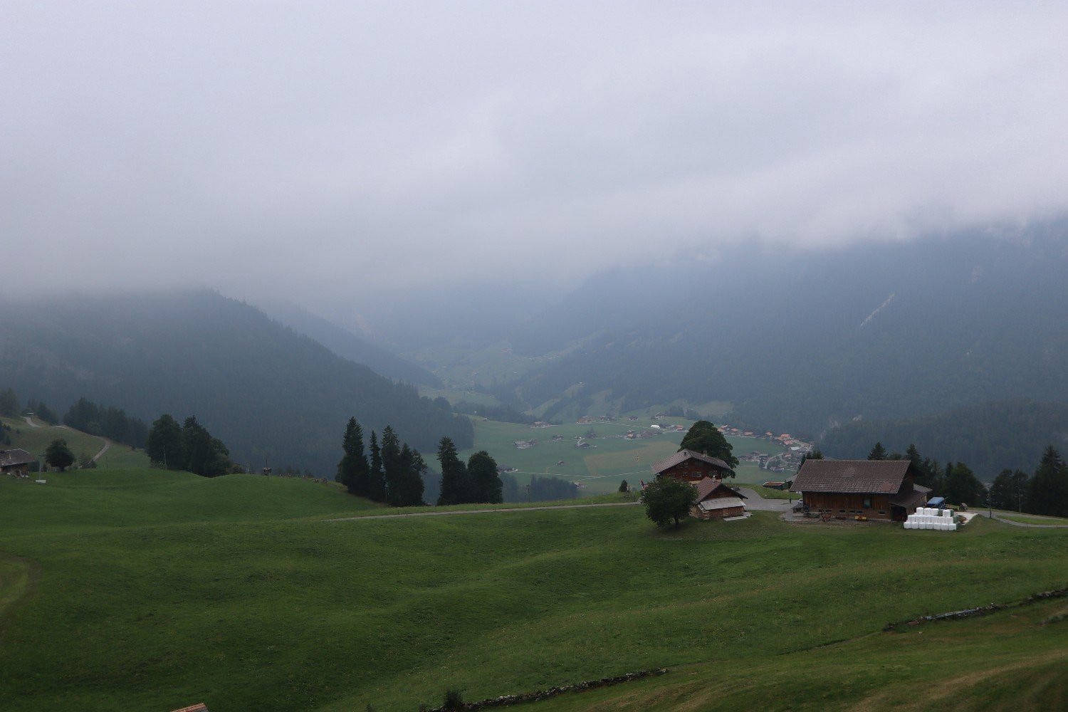 A grassy valley in Switzerland with chalets dotted on the hillsides, covered in mist