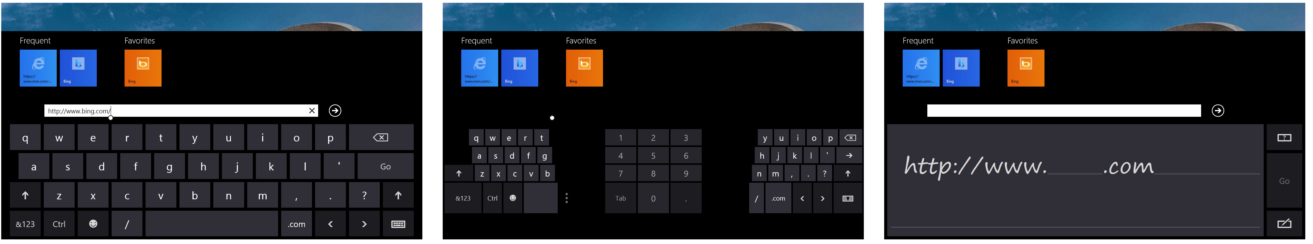 Three of the on-screen keyboards including the standard one, the split screen, and the handwriting/ink.