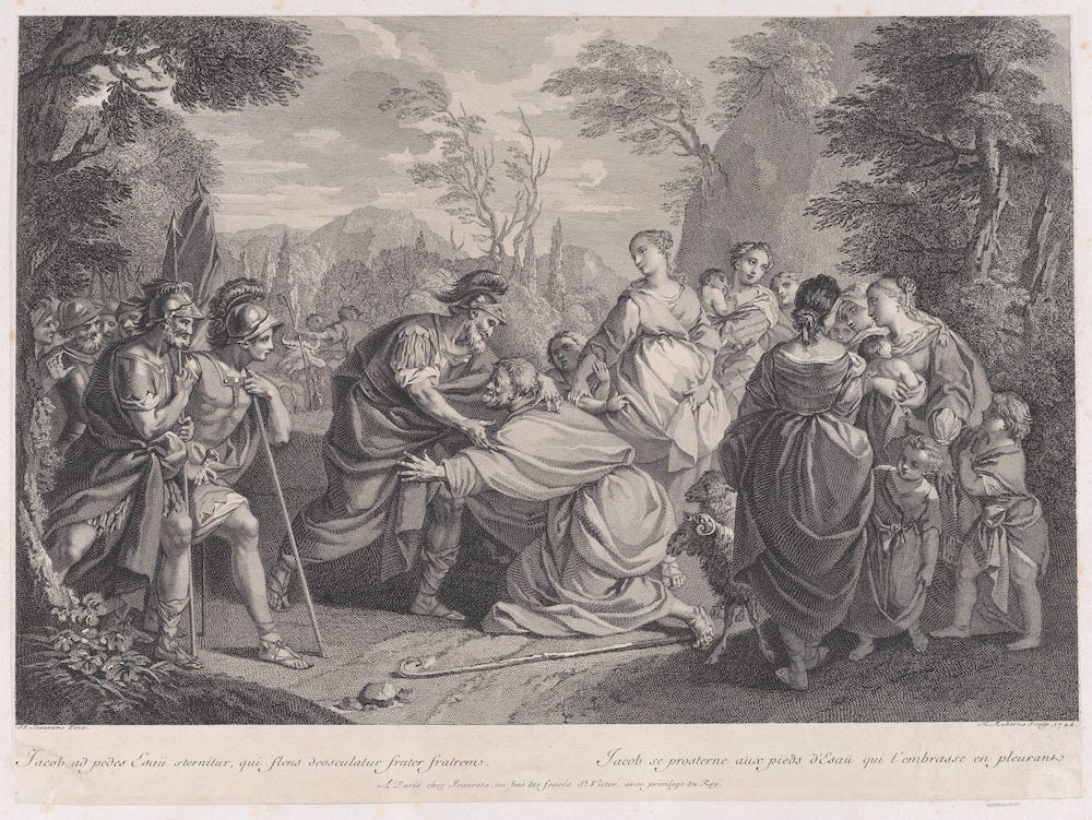 Jacob Prostrates Himself before Esau, after Etienne Jeaurat (1744) by Michel Aubert. Source: The Met.