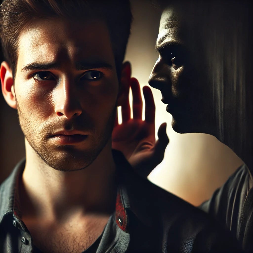 A realistic and dramatic image of a person with a shadowy figure whispering into their ear. The person looks conflicted, their expression tense with self-doubt, fear, or hesitation. The whispering figure is dark, slightly blurred, and ominous, representing inner fears, manipulation, or negative thoughts. The background is dimly lit, with soft light on one side of the person’s face, symbolizing a battle between doubt and clarity. The atmosphere is intense, thought-provoking, and emotionally powerful.