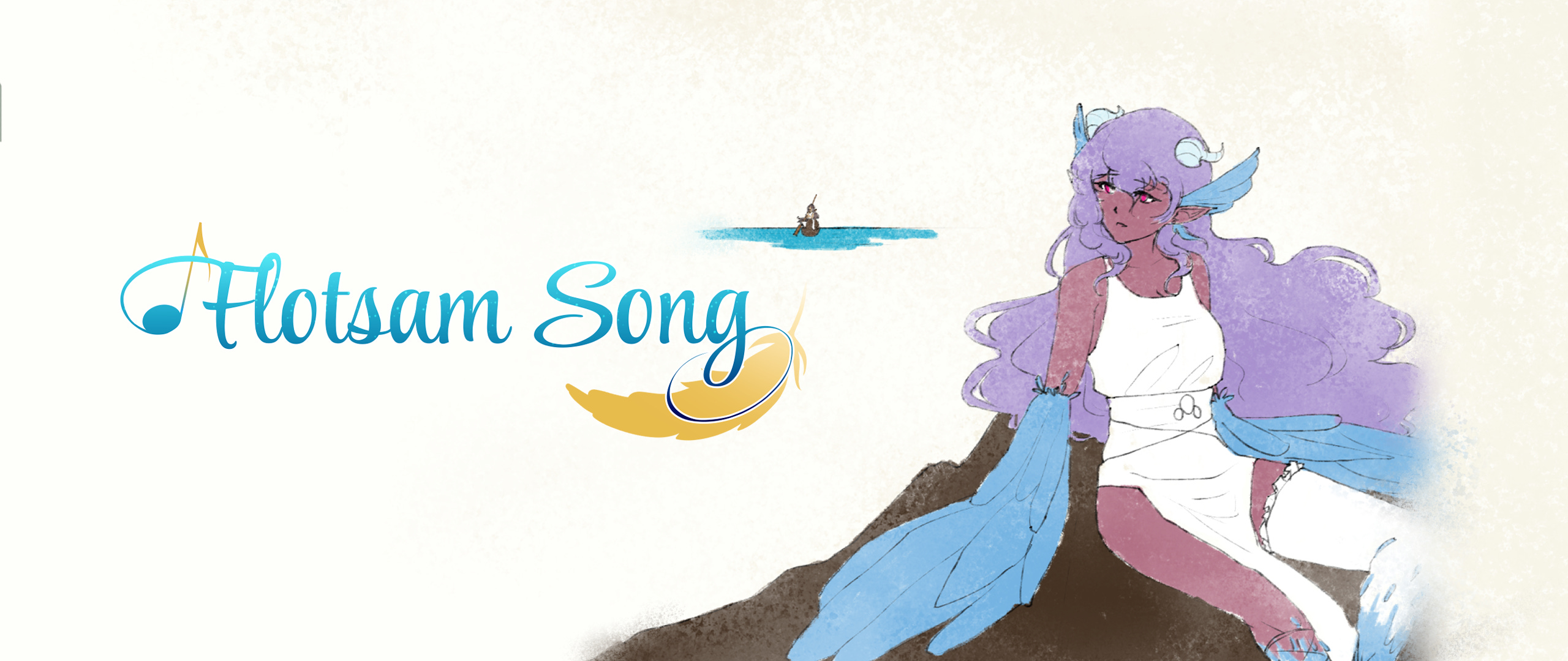 flotsam song banner featuring monster girl selinuntius looking at a girl (melos) rowing in from a distance