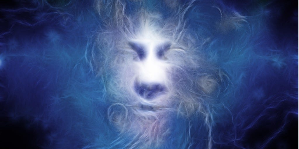 Abstract drawing of spirit-like face, wispy, floating in blue field