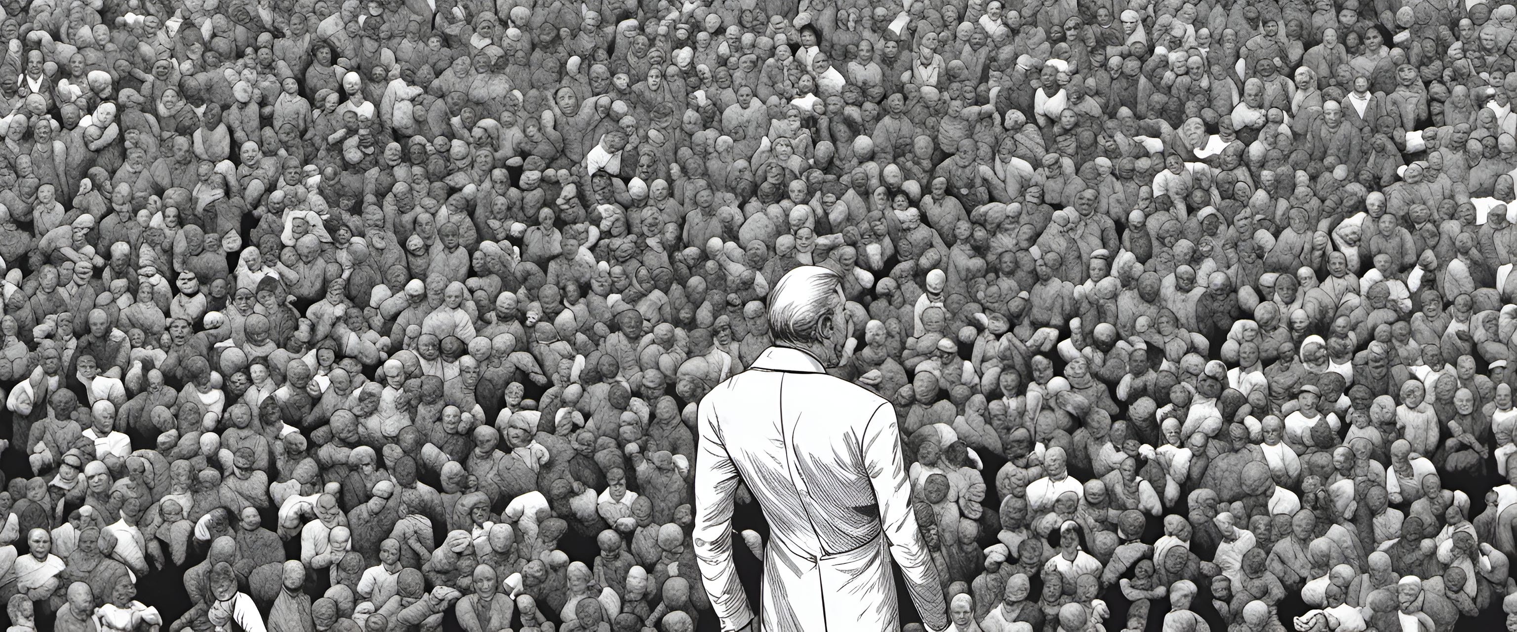 A black and white illustration of a man facing away from camera in the foreground as a crowd of shapeless men look up at him.