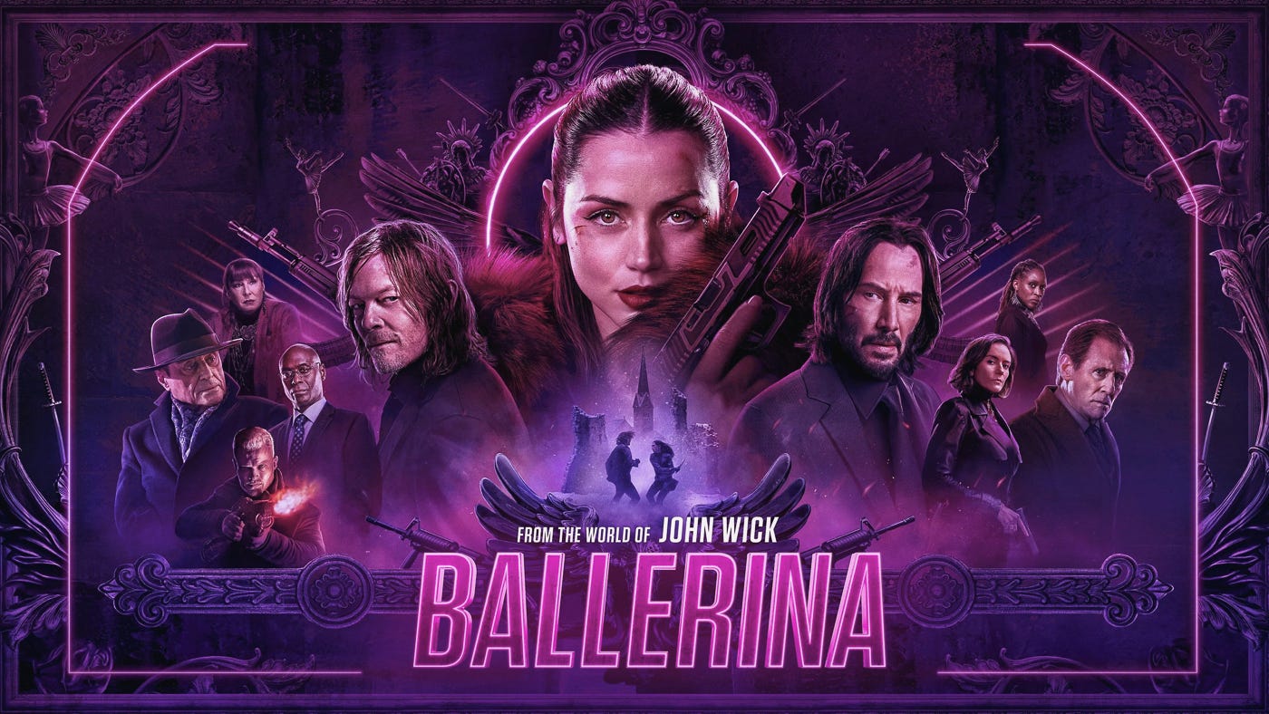 Horizontal poster art in purplle of the main character holding a gun, flanked by secondary characters including Keanu Reeves and Norman Reedus. TItle reads: From the world of John Wick: Ballerina
