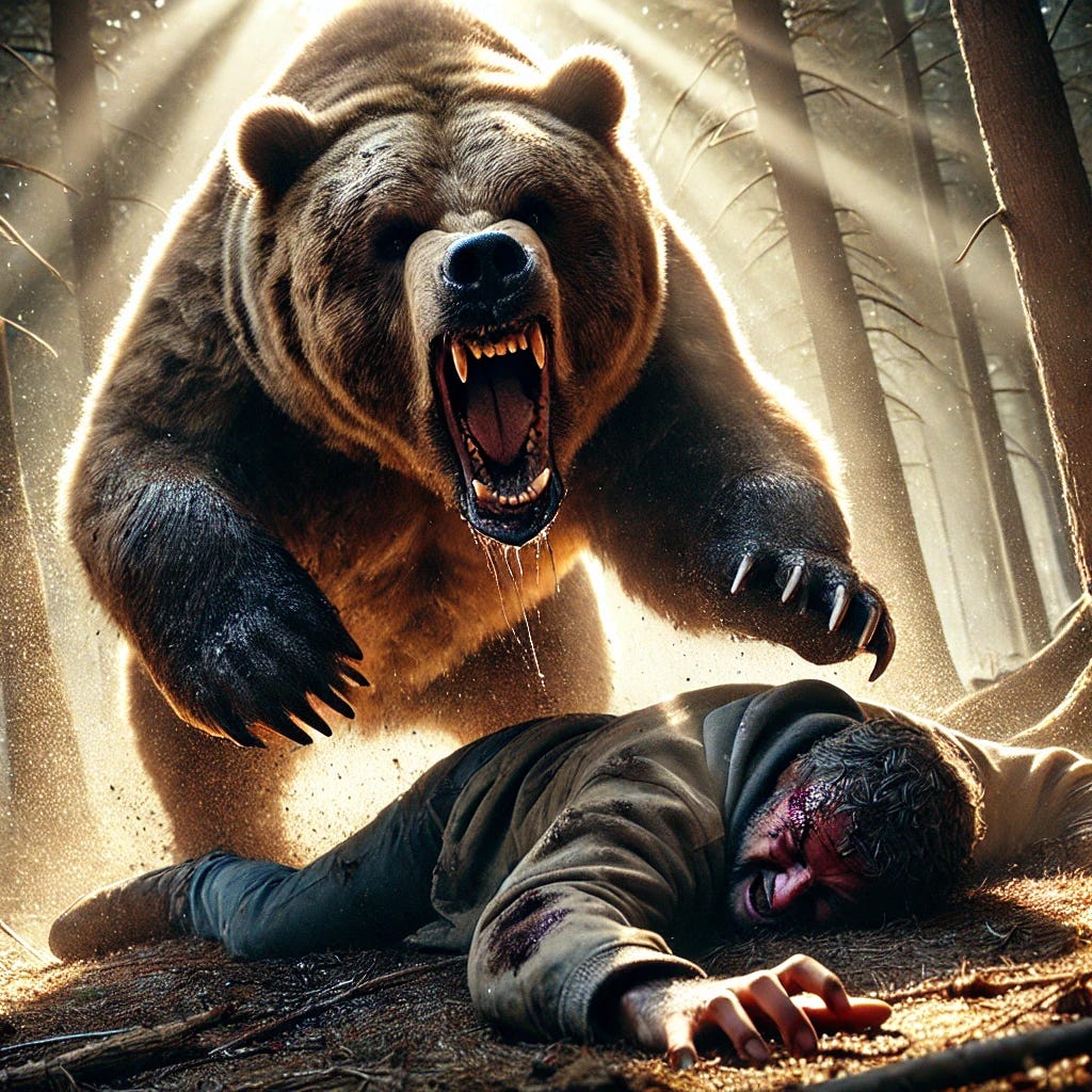 A dramatic and intense bear attack scene in a forest during daylight. A massive grizzly bear with bared teeth and powerful claws charges toward a fallen human who is desperately shielding themselves. The bear's fur is ruffled, its muscles tense, radiating sheer power. The victim’s torn clothing and scratches on the ground show the struggle. Sunlight filters through the trees, casting eerie shadows, making the moment feel both vivid and terrifying. The scene captures the raw force of nature in a high-stakes moment of survival.