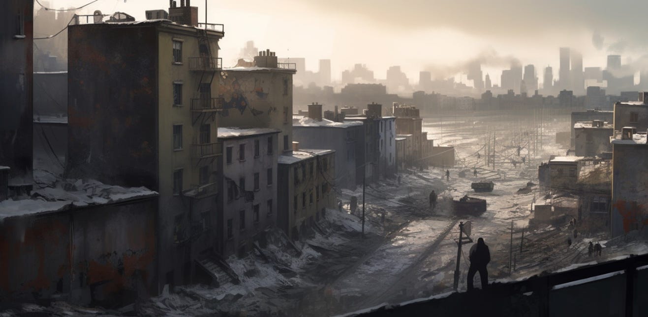 A dark, dystopian cityscape, swallowed by AI and marred by vast inequality, pollution, and omnipresent surveillance. People, appearing unhappy, oppressed, and disconnected, struggle to survive in a cold, uninviting environment