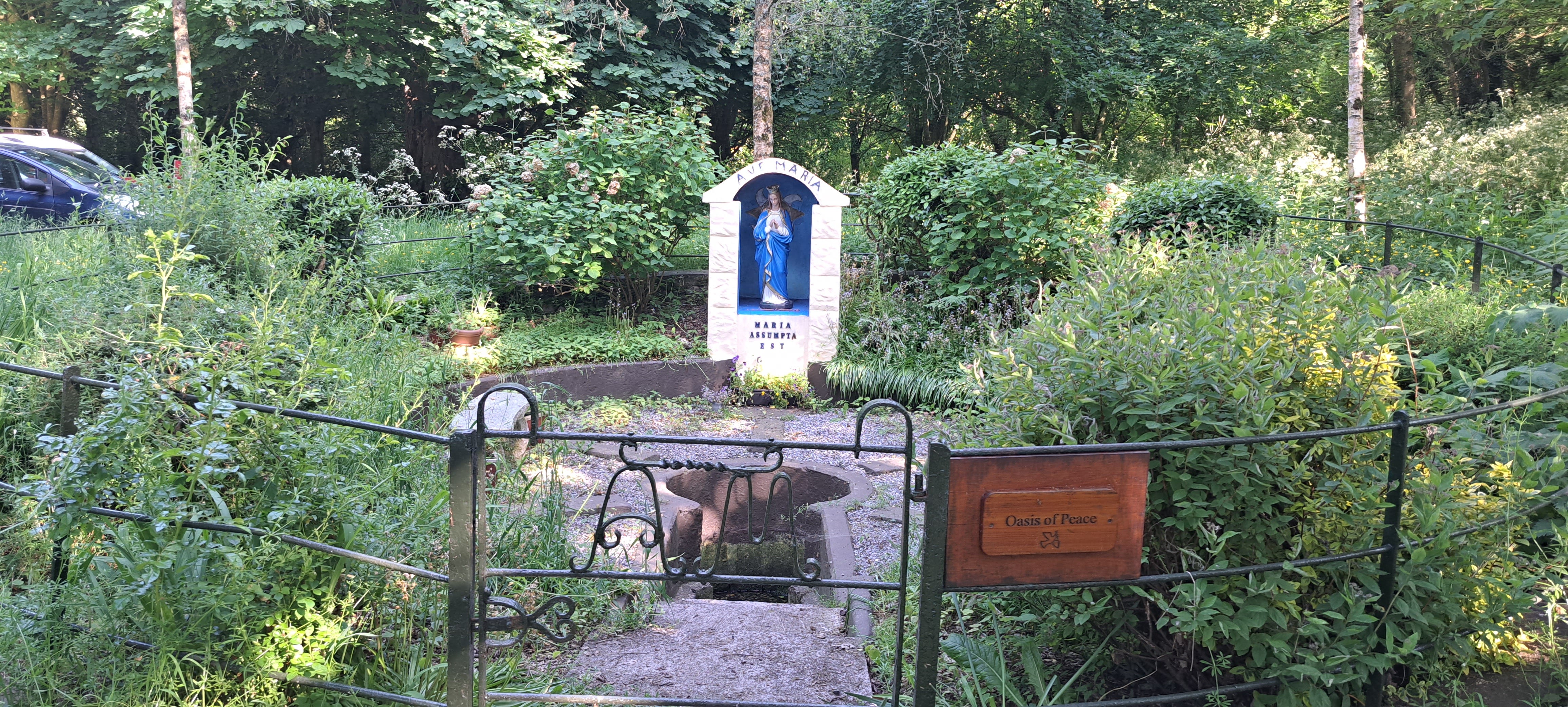 A circular space enclosed within a metal fence, exuberent flower beds in full growth but not yet in bloom, with steps in a gravel bed leading down to the water and beyond, a statue of Mary, to whom the well is dedicated. A wooden sign reads "Oasis of Peace".
