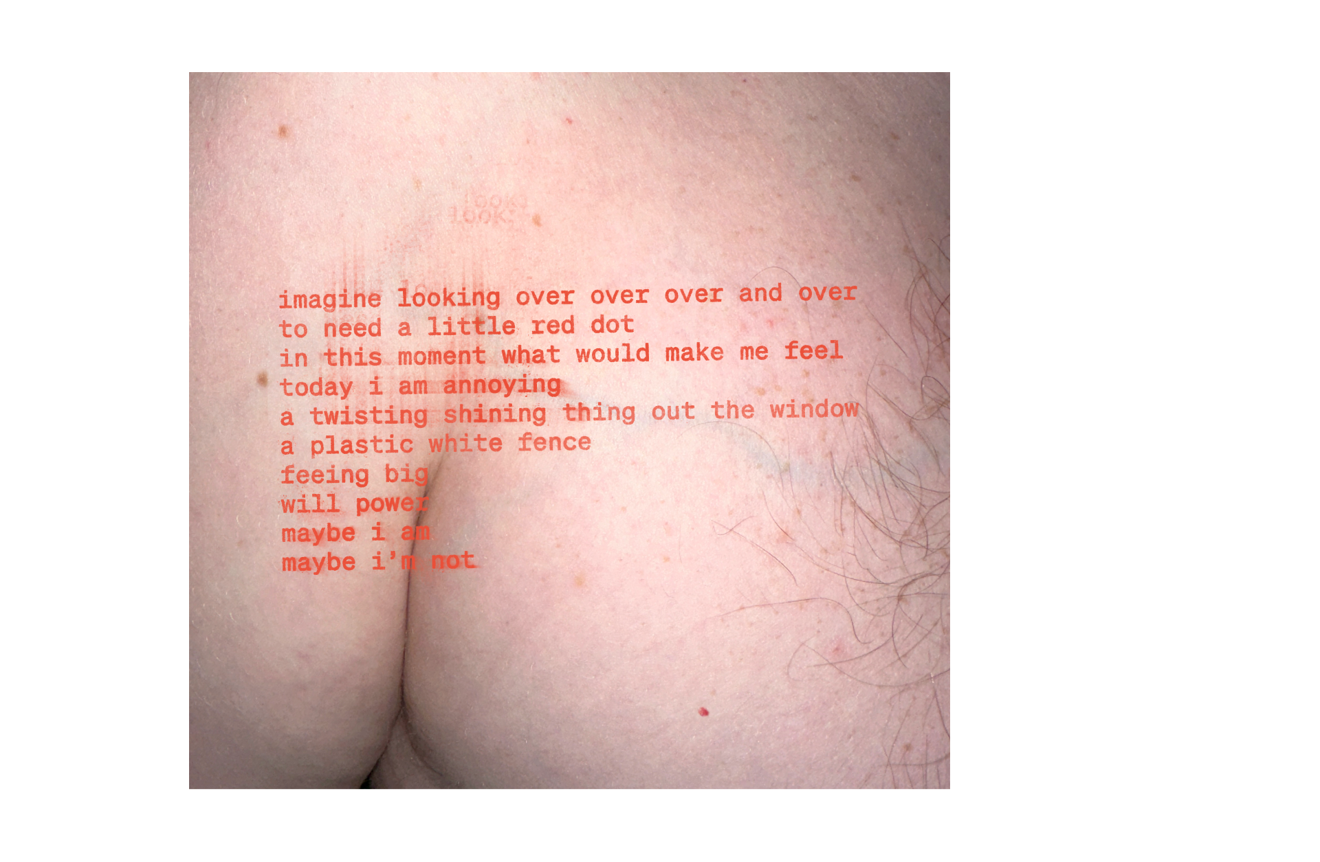 Red text over an image of an armpit crack: imagine looking over over over and over / to need a little red dot / in this moment what would make me feel / today i am annoying / a twisting shining thing out the window / a plastic white fence / feeing big / will power / maybe i am / maybe i’m not