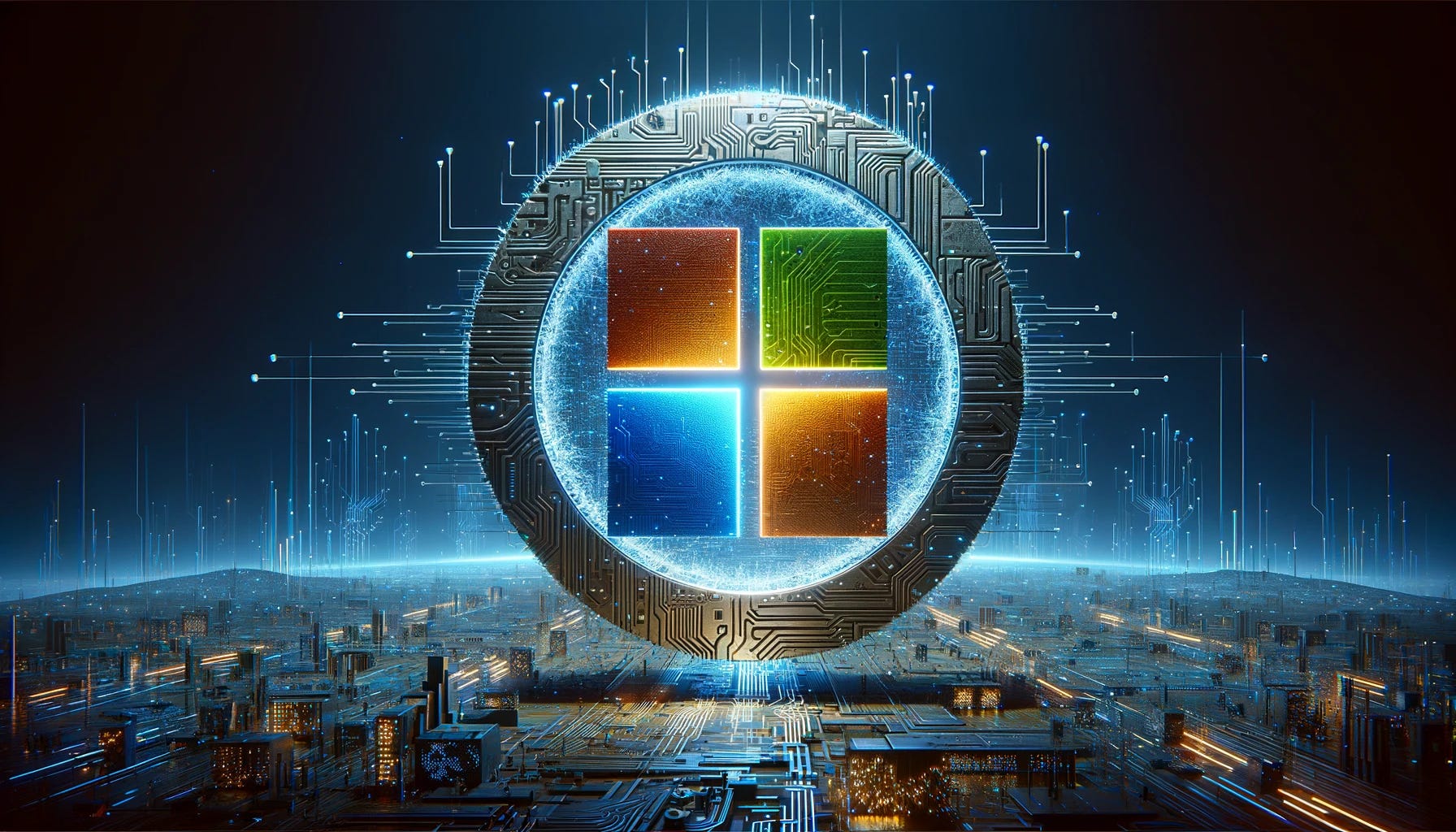 Create a landscape-oriented image depicting the Microsoft logo reimagined as a futuristic cybernetic AI construct. The design should integrate elements that convey advanced technology and artificial intelligence, such as circuit patterns, glowing lines, and digital textures, while maintaining the recognizable aspects of the Microsoft logo. The logo should appear as if it's been brought to life through cybernetics, standing against a backdrop that suggests a high-tech environment, possibly with hints of a digital landscape or a cyberpunk cityscape. The overall aesthetic should be sleek and modern, highlighting the fusion of the Microsoft brand with futuristic AI and cybernetic themes.