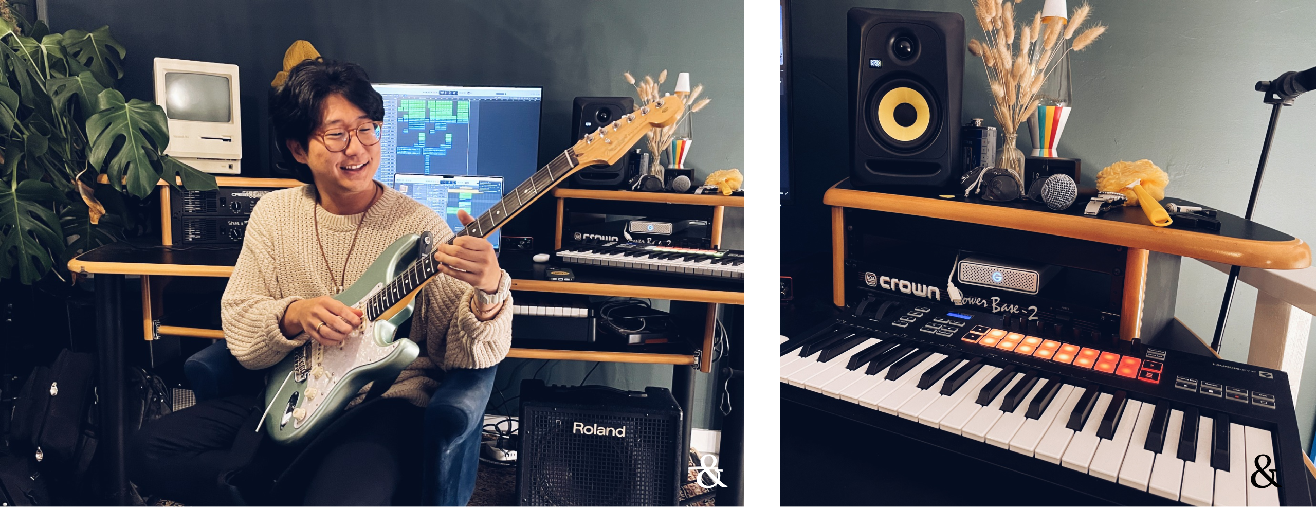 Sam Ray Lee holding his guitar sitting in front of his studio on left photo. Right phot is up close view of his keyboard and speaker.