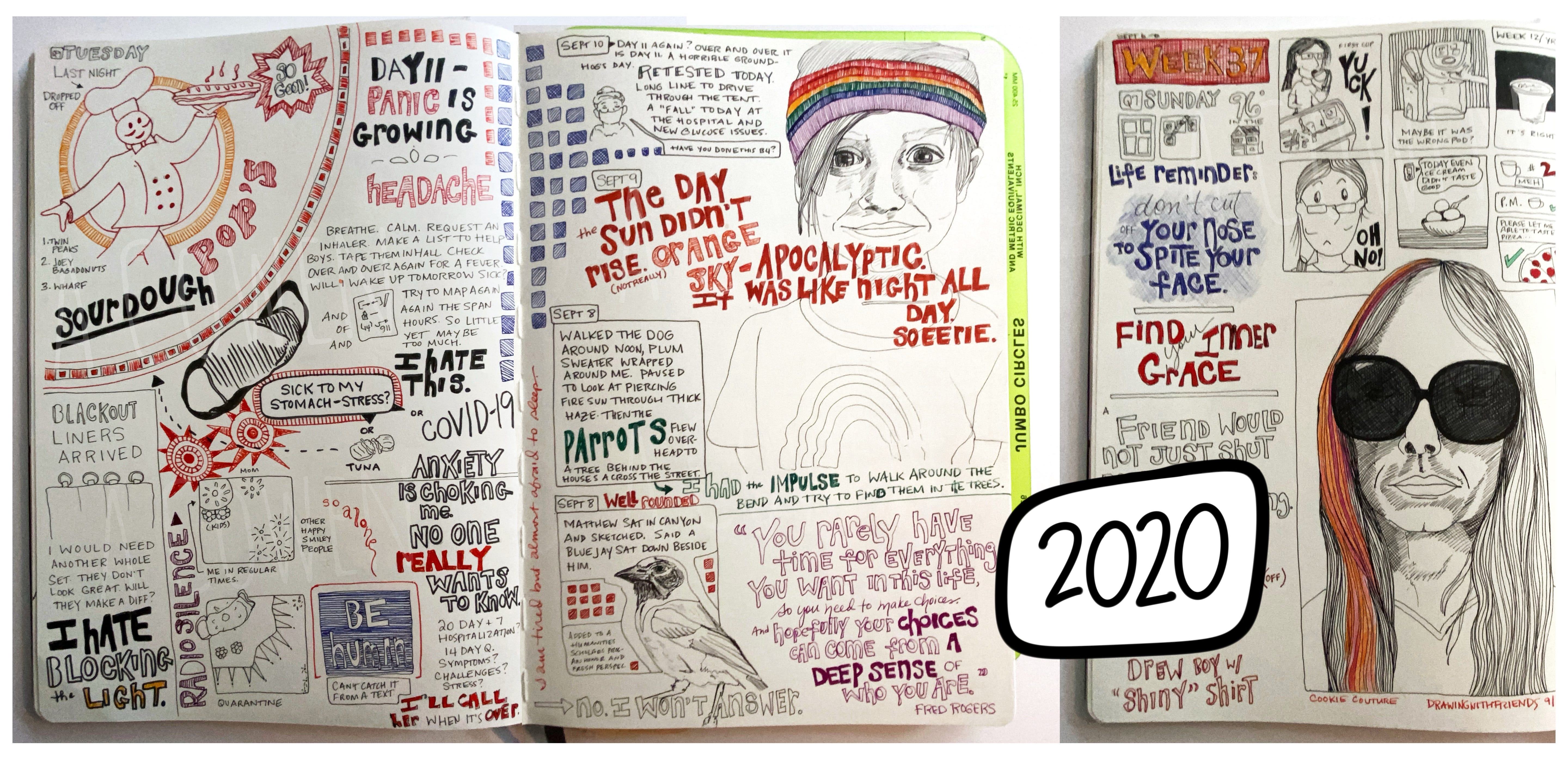 Illustrated Journal pages from 2020 during the weeks related to the curtains, sky, and hospital stay. © A. Cowen