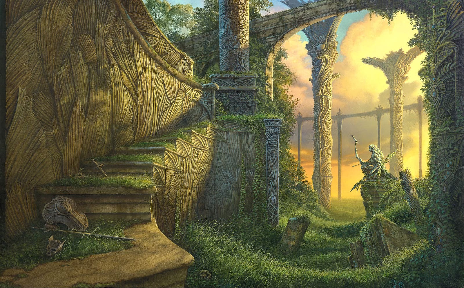 Grass and ivy have overgrown ancient ruins, but the delicate artistry of the Sithi can be see in the still standing pillars and arches bathed in the golden light of sunset. A solitary statue kneels among the ruins. She holds a bow one-handed with an arrow knocked. In the other, she lightly grips a long spear with the tip angled down. In the foreground left, stairs wind up to another level of the ruins. A long sword and shield lay discarded there. Another skull and a dagger rest on the step above. Clearly, the remains are non-human based on the central ridge of spikes along the crown and the wing like projections from either edge of the skull.