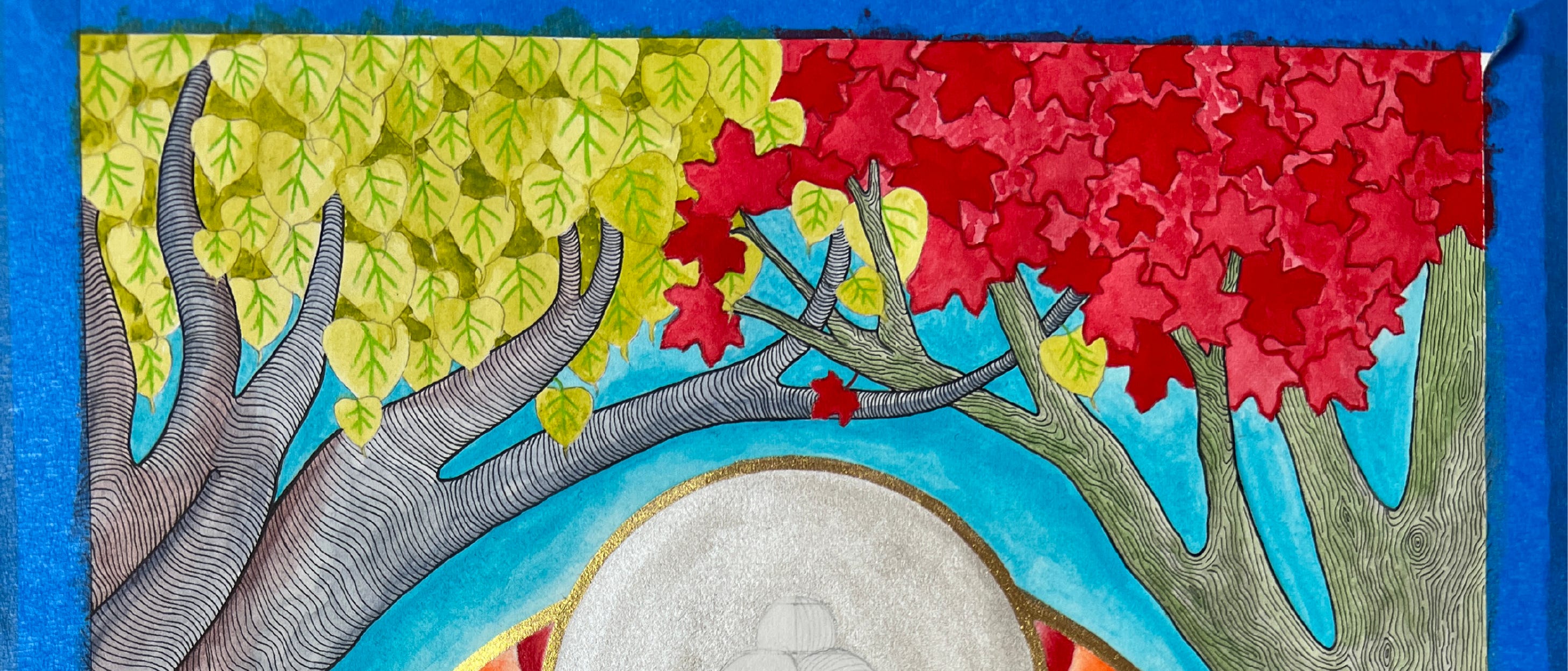 Photo of the top part of a thangka showing the foliage of two trees meeting, a Bodhi tree on the left and a red mapl on the right. 