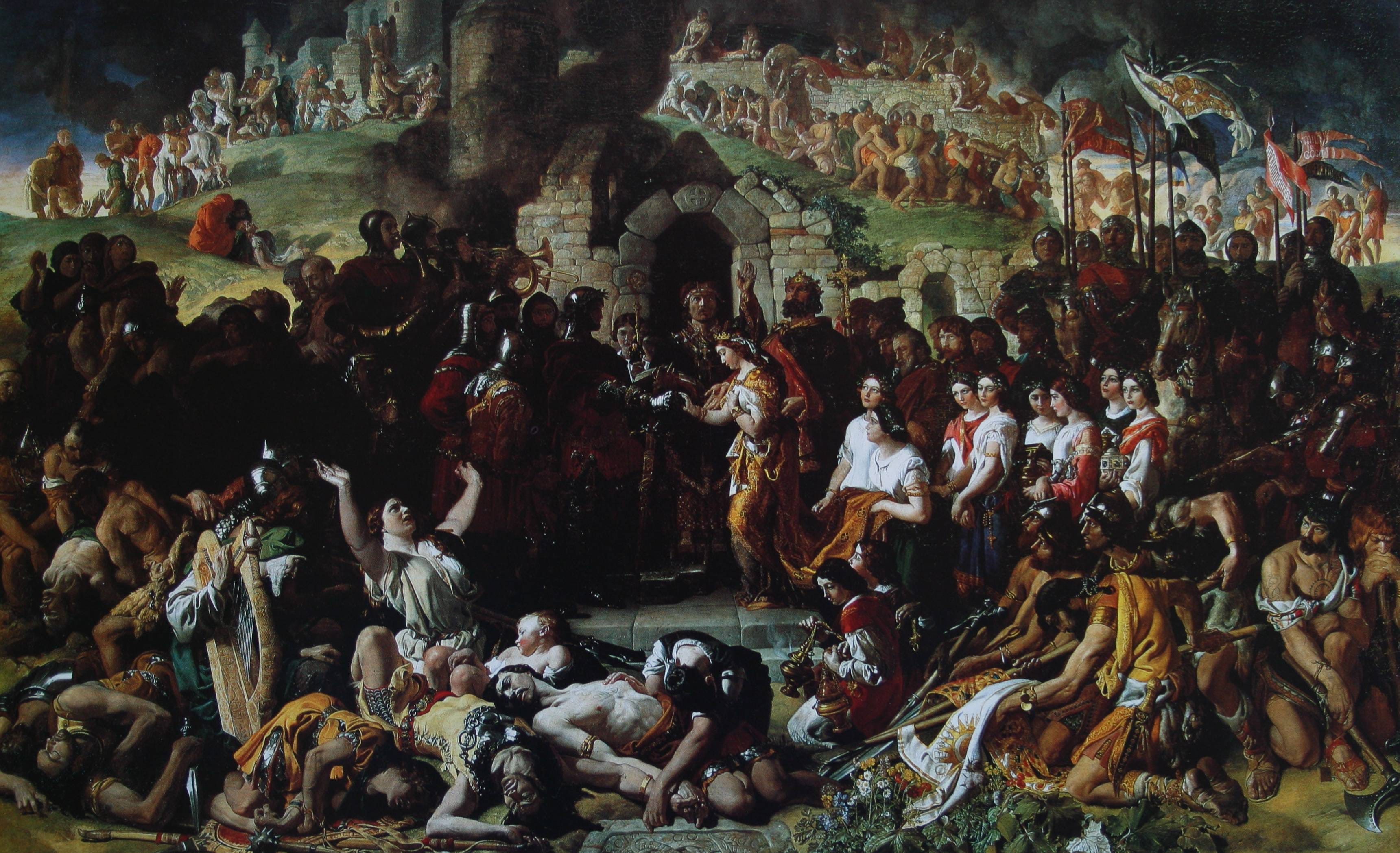 famous painting of the marriage of aoife and strongbow set against a battle scene and ruined castle, surrounded by death and destruction.