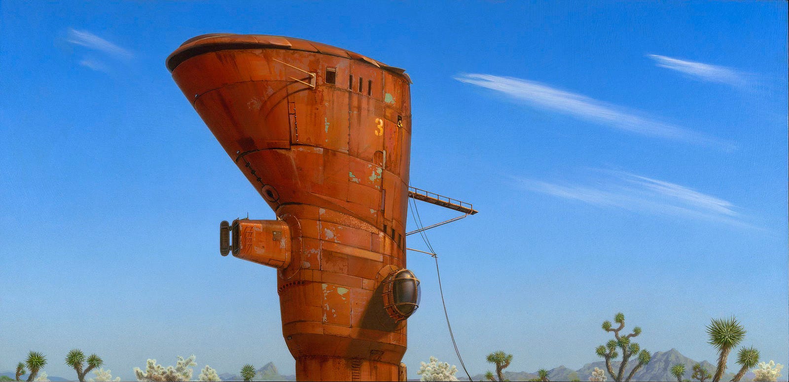 A rust colored, man-made metal structure rises against blue sky sparsely streaked with lines of cloud. The top of the "tower" is wider, like a foot of a robot planted upside down with in the ground. The number 3 is stenciled in yellow near the heel. Angling down, the top leads to segment protruding left where a hatch is flung wide open. Could something dock there? A platform with guard rails extends from the opposite side right—that side is flat and vertical. Ropes descend guided to the ground below by a horizontal pole beneath. Lower on the same side, a viewing blister is seated partway down. The top of arid vegetation peeks up in the lower half of the panel as do mountains low on the distant horizon. A rust colored, man-made metal structure rises against blue sky sparsely streaked with lines of cloud. The top of the "tower" is wider, like a foot of a robot planted upside down with in the ground. The number 3 is stenciled in yellow near the heel. Angling down, the top leads to segment protruding left where a hatch is flung wide open. Could something dock there? A platform with guard rails extends from the opposite side right—that side is flat and vertical. Ropes descend guided to the ground below by a horizontal pole beneath. Lower on the same side, a viewing blister is seated partway down. The top of arid vegetation peeks up in the lower half of the panel as do mountains low on the distant horizon.