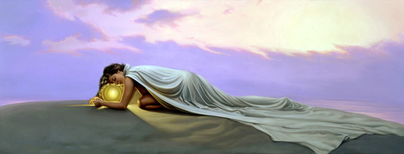 On a gently arching slope of smooth sand, a woman is down on all fours with her head resting against a transparent sphere glowing with golden light. Her eyes are closed and her expression peaceful as she wraps arms around the sphere. A long white satin cloak mostly covers her but she appears to be naked underneath. One leg is drawn up to her chest and the other extends back as the fabric ripples as it recedes down the slope. Behind her is a cloudy lavender sky.