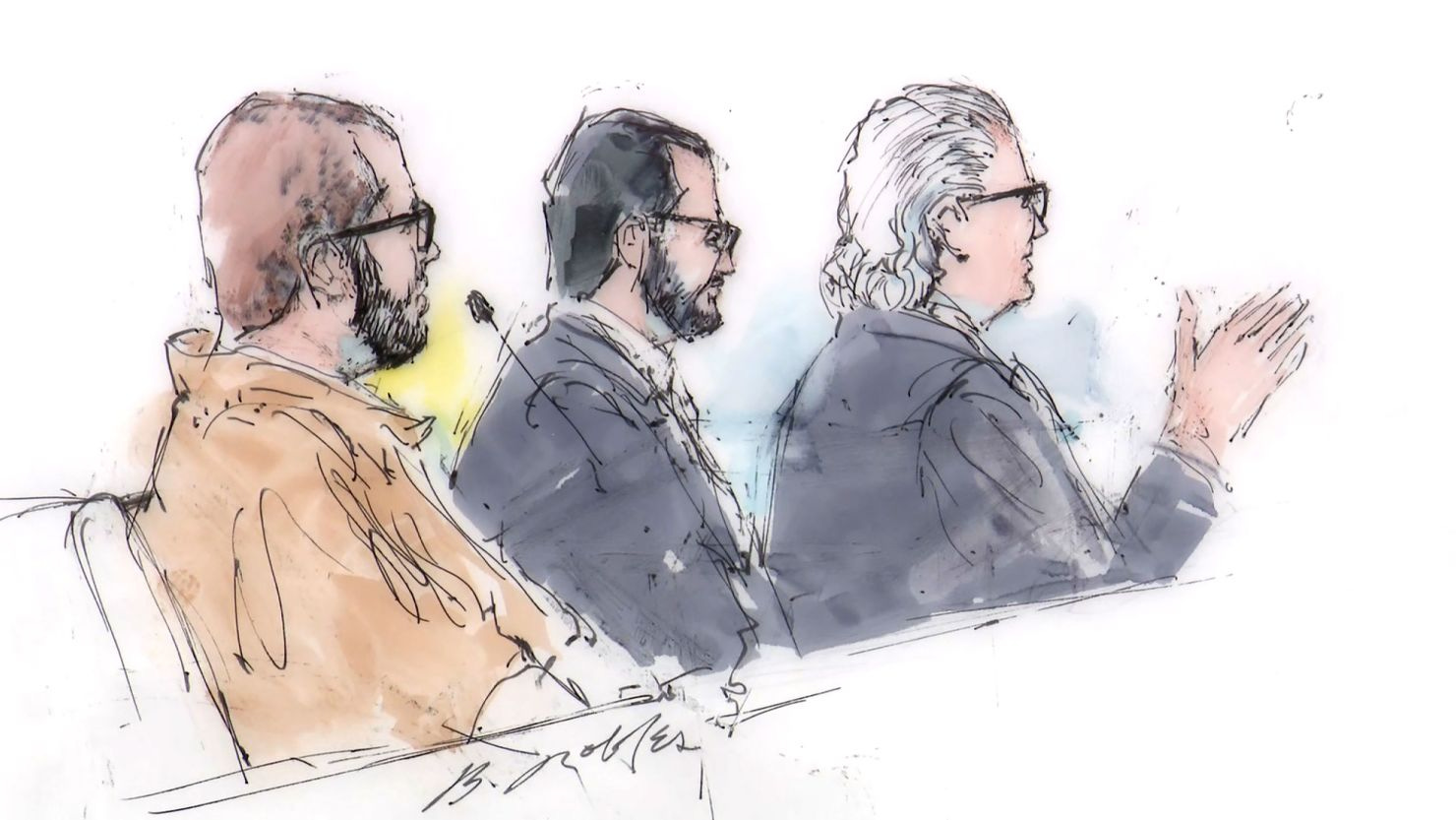 This court sketch shows Alexander Smirnov with his lawyers in court on Monday, February 26.