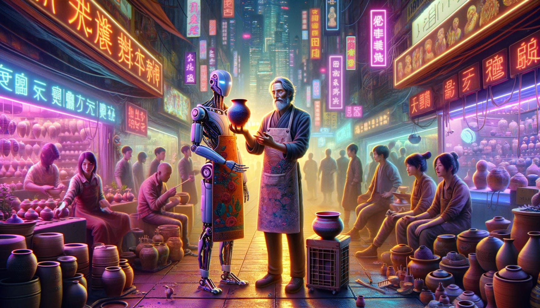 Imagine a highly detailed and high-definition landscape-oriented cyberpunk-themed scene. In this scene, a human artist and an AI robot stand side by side, each proudly holding a pot they've crafted. The human artist's pot, valued at $100, is a masterpiece of traditional craftsmanship, showcasing intricate designs and a personal touch that highlights the depth of human creativity. The AI robot's pot, while competently made and valued at $25, lacks the nuanced artistry and personal flair of the human's work, reflecting the market's preference for human-created art. This scene is set in a vibrant cyberpunk market, teeming with life and neon lights, where digital displays and a diverse crowd of humans and robots illustrate a world where technology and human ingenuity merge. The emphasis is on creating a visually rich, highly detailed image that captures the texture of the materials, the expressions of pride and competition between the artist and the robot, and the bustling atmosphere of the cyberpunk setting.
