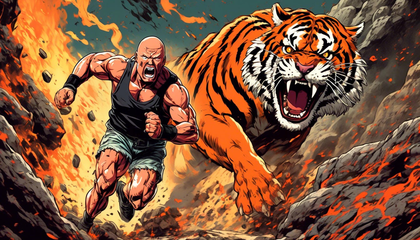 Stone Cold Steve Austin being chased by a giant Tiger