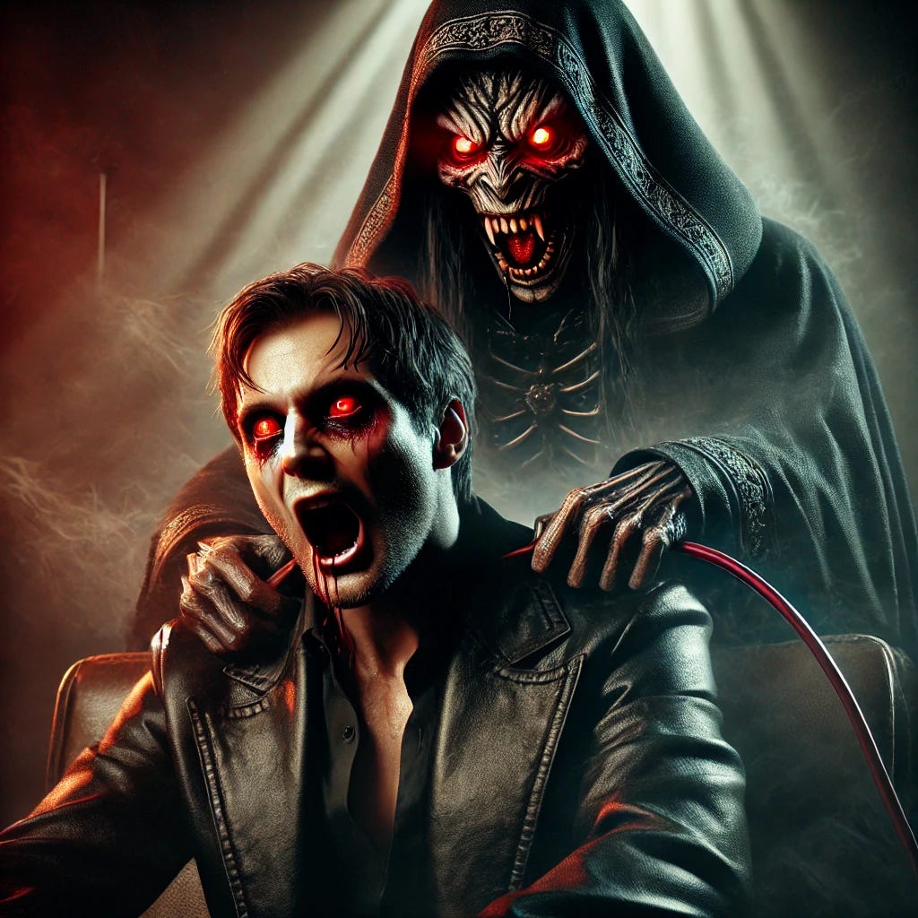 A hyper-realistic digital painting of a sinister vampire with piercing red eyes and sharp fangs, draining energy from an exhausted person. The vampire has an eerie, shadowy presence, with a menacing aura, dressed in a dark, gothic cloak. The victim appears physically and emotionally drained, with hollowed eyes and a slumped posture, sitting in a dimly lit room. Dramatic lighting highlights the vampire’s supernatural features, making the scene haunting and unsettling.